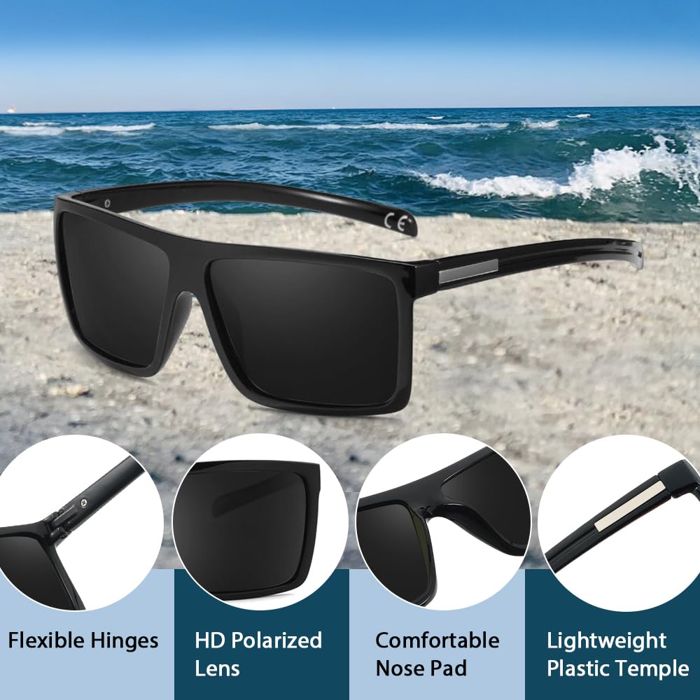 2020 VentiVenti Sunglasses For Men Plastic Lightweight Square Polarized Frame Classic Style Eyewear UV Protection For Driving Shiny Black Frame/Smoke Lens