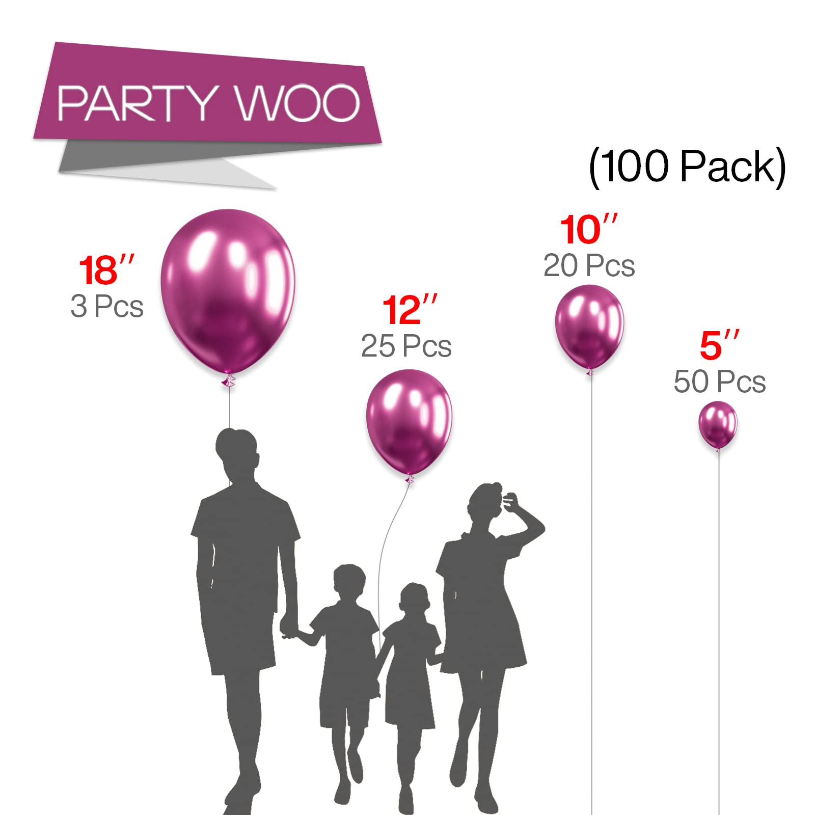PartyWoo Metallic Hot Pink Balloons 100pcs Different Sizes of 18 12 10 5 Inch Chorme Dark Pink Magenta Fuchsia Balloon Arch Kit Garland for Wedding Birthday Baby Shower Party Decorations Pink-G114
