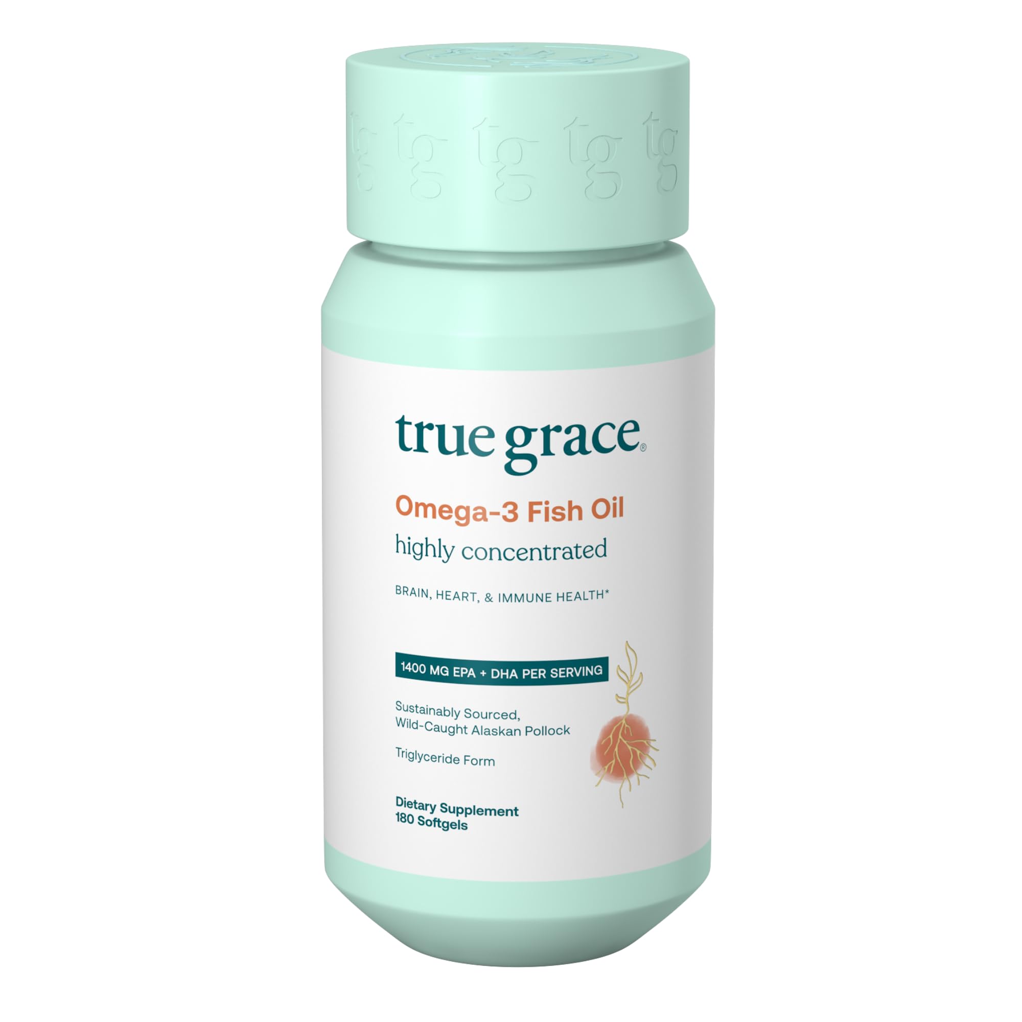 True Grace Omega-3 Fish Oil - 180 Softgels - 1400 mg EPA + DHA - Brain, Heart, Joint & Immune Health - Organic, Gluten Free, Soy Free