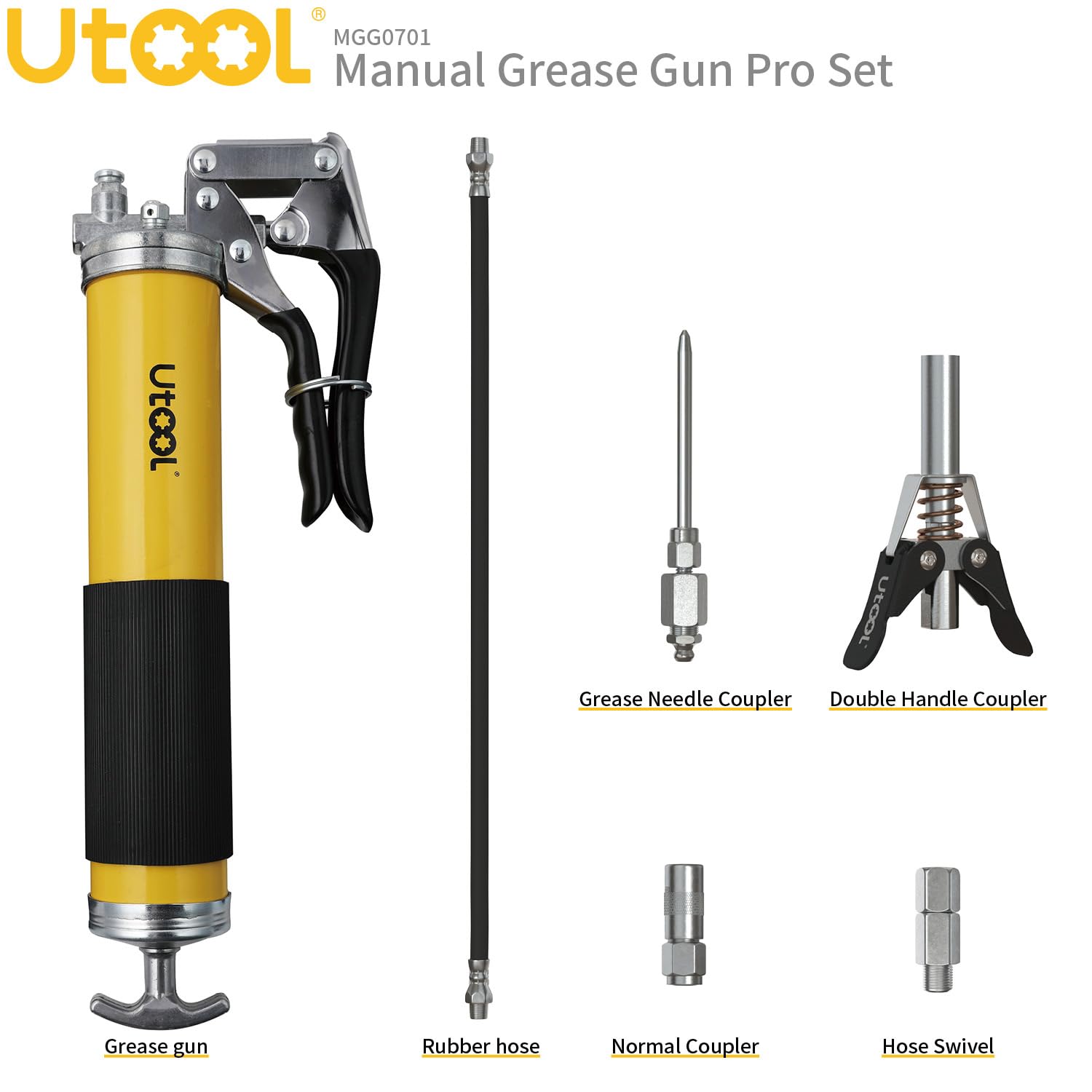 UTOOL Grease Gun, 8000 PSI Heavy Duty Pistol Grip Grease Gun Kit, 14 oz Load, 20 Inch Rubber Flex Hose, 1 Patented Double Handle Coupler, 1 Basic Coupler, 1 Needle Nozzle, 1 Hose Swivel, Yellow