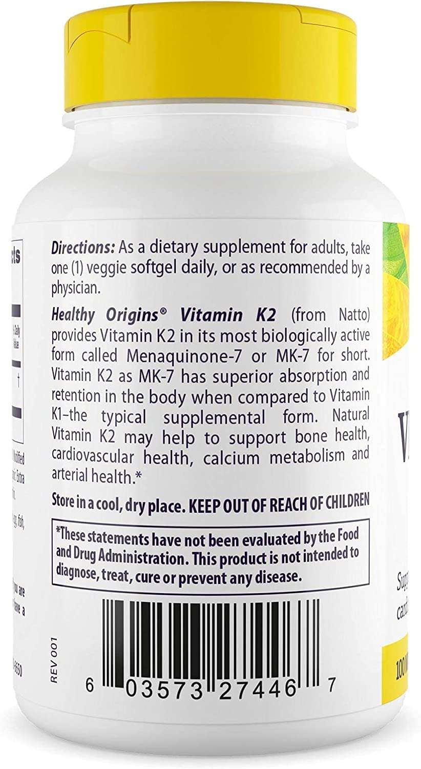 Healthy Origins Vitamin K2 as MK-7, 100 mcg - K2 Vitamins for Heart Health, Bone Health & Calcium Metabolism - Gluten-Free Supplements - 180 Veggie Softgels