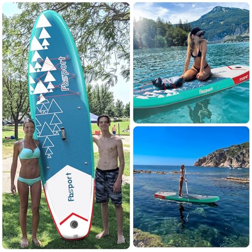 FBSPORT 11' Premium Stand Up Paddle Board, Yoga Board with SUP Accessories & Carry Bag | Wide Stance, Surf Control, Non-Slip Deck, Leash, Paddle and Pump for Youth & Adult (BlueWhite)