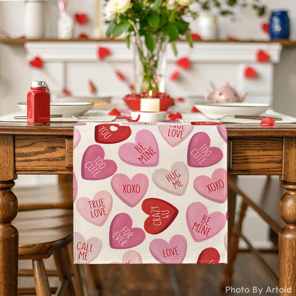 Artoid Mode Pink Ture Love Heart Valentine's Day Table Runner, Seasonal Kitchen Dining Table Decoration for Home Party Decor 13x72 Inch