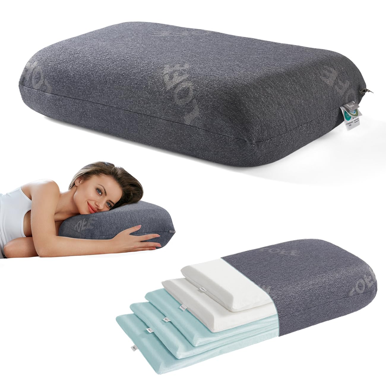 Lofe Adjustable Memory Foam Pillow - Combined Thin Pillow to Adjust Softness/Support, 10 Heights of Adjustable Pillow for Neck Pain Relief, CertiPUR-US Memory Foam Pillow for Stomach/Side/Back Sleeper