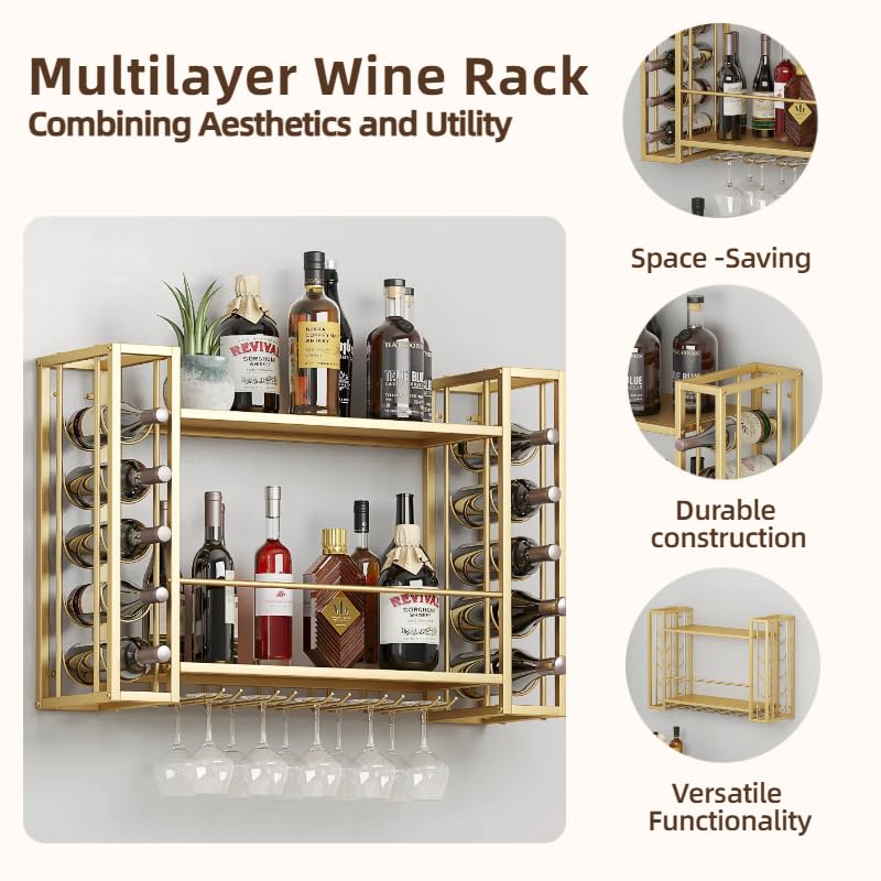 Woskar Wall Mount Wine Rack,Metal with Glass Holder, Space-Saving Liquor Display Storage for Home Bar, Kitchen, Sturdy & Stylish Design, Gold (55.8" W x 21.65" H x 9.84" D)