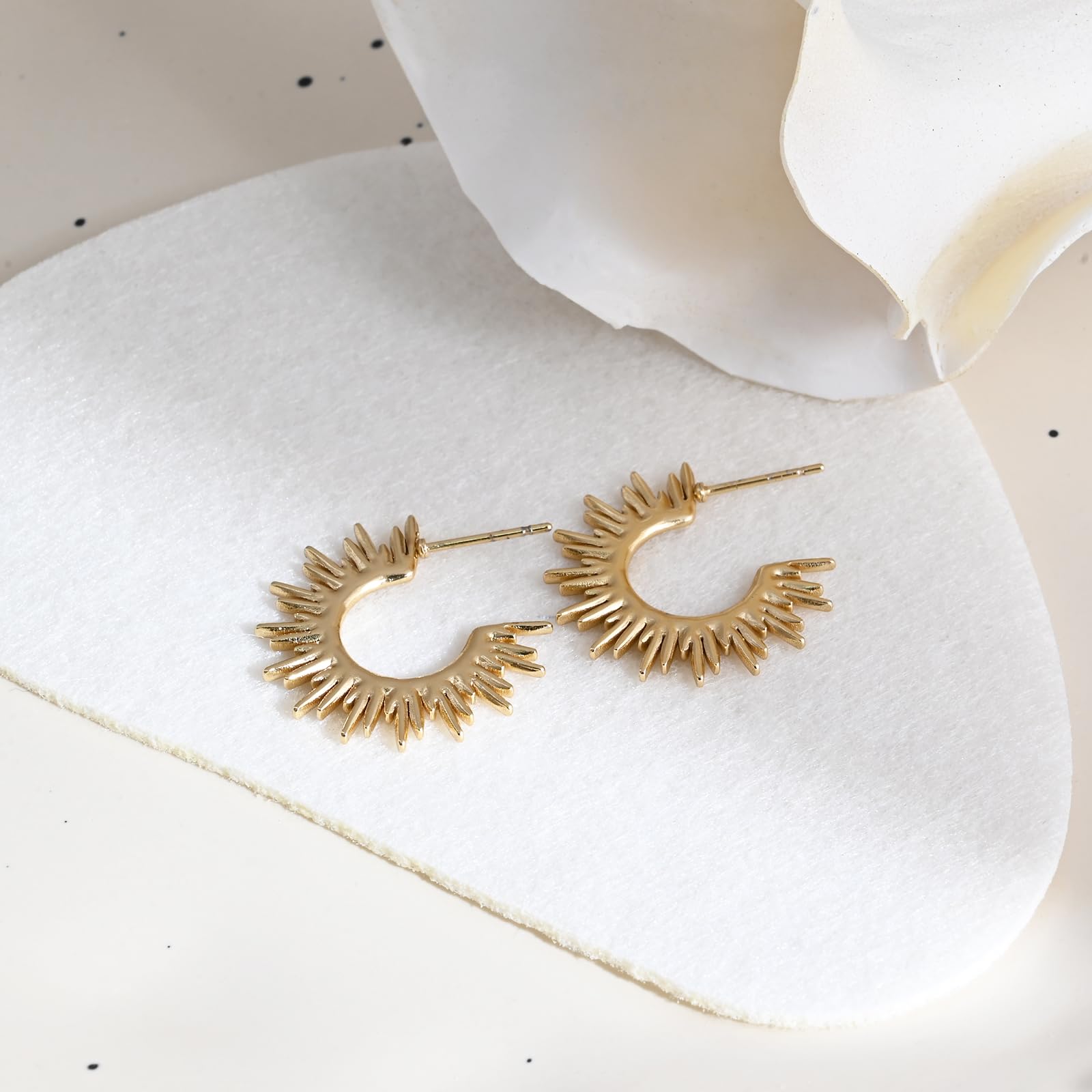 Gold Hoop Earrings for Women Small Gold Filled Earrings Spike Starburst Earrings C Shape Gold Sun Earrings Open for Gift