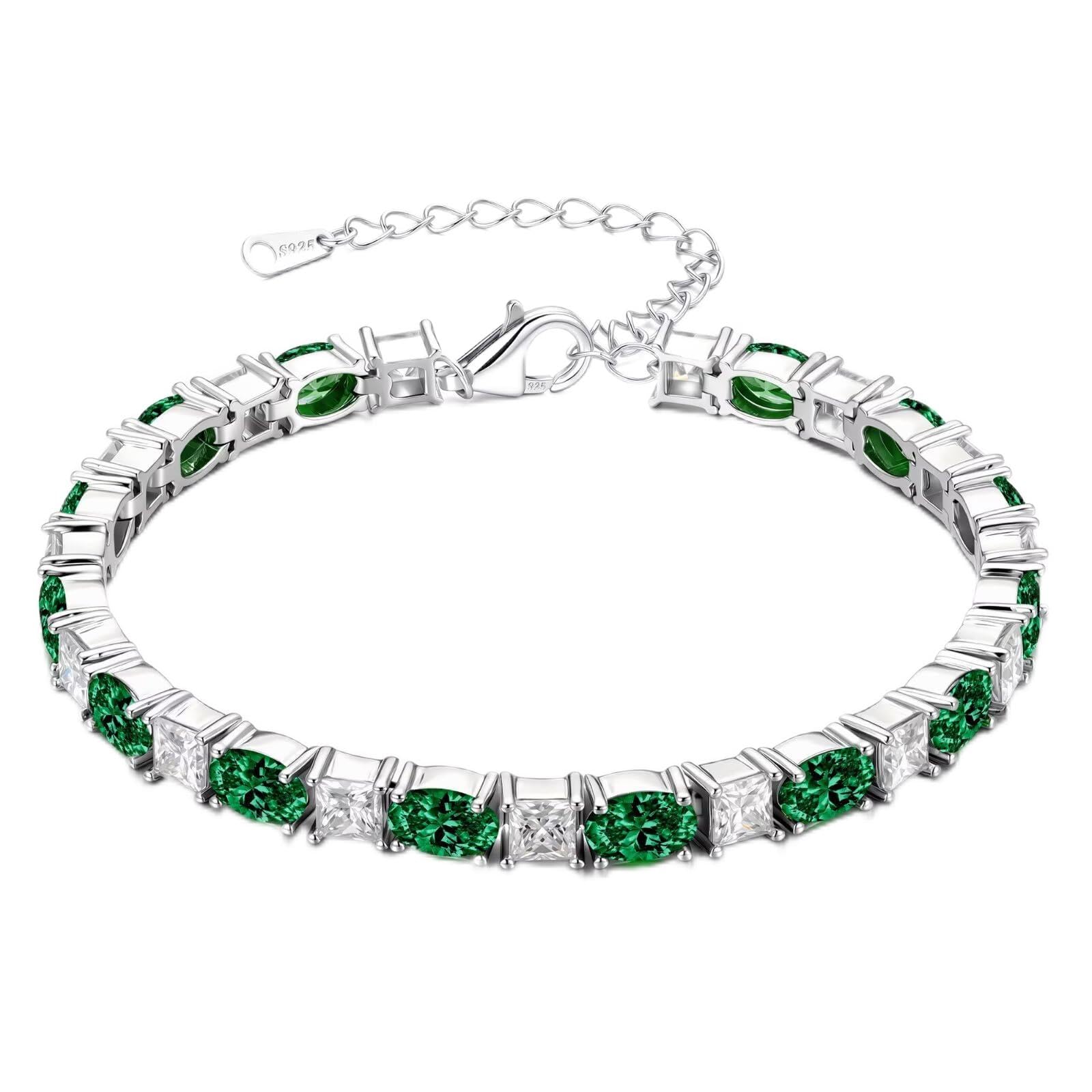 Iefil Tennis Bracelets for Women - 925 Sterling Silver Birthstone Bracelet, May Simulated Emerald Bracelets for Women, Birthstone Jewelry Gifts for Wife Mom Girlfriend