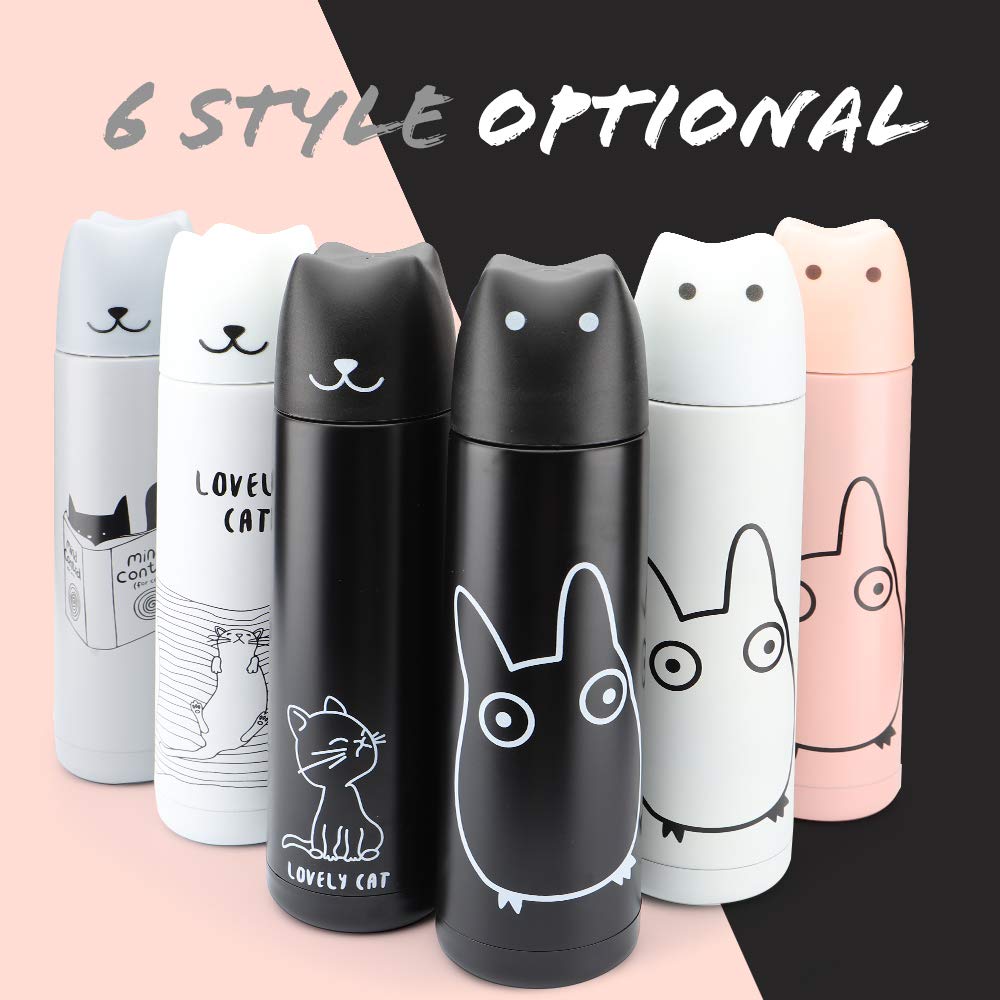 DIFFLIFE Cute Water Bottle For School, Vacuum Insulated Stainless Steel Thermos Mug，2019 New Cute Animals Insulation Bottle (White Cat) (YUNDA)