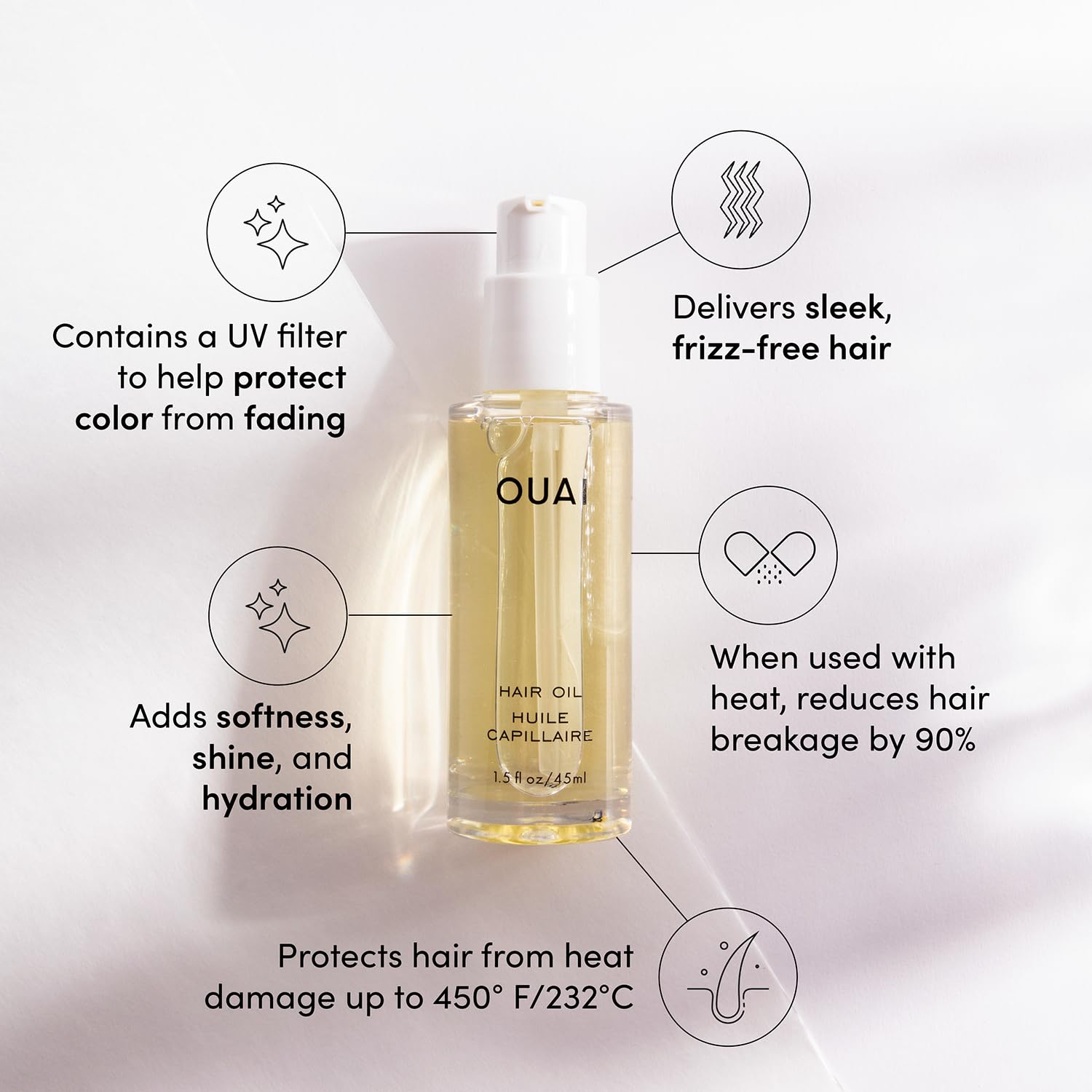 OUAI Hair Oil - Hair Heat Protectant Oil for Frizz Control - Adds Hair Shine and Smooths Split Ends - Color Safe Formula - Paraben, Phthalate and Sulfate Free (1.5 oz)