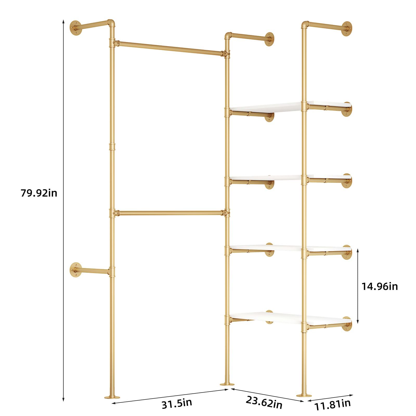 Woskar Industrial Pipe Clothing Rack, Hanging Rods Clothes Rack with Shelves, Clothes Rack for Wardrobe, Corner Closet System for Walk in Closets (Gold, II-4Tier)