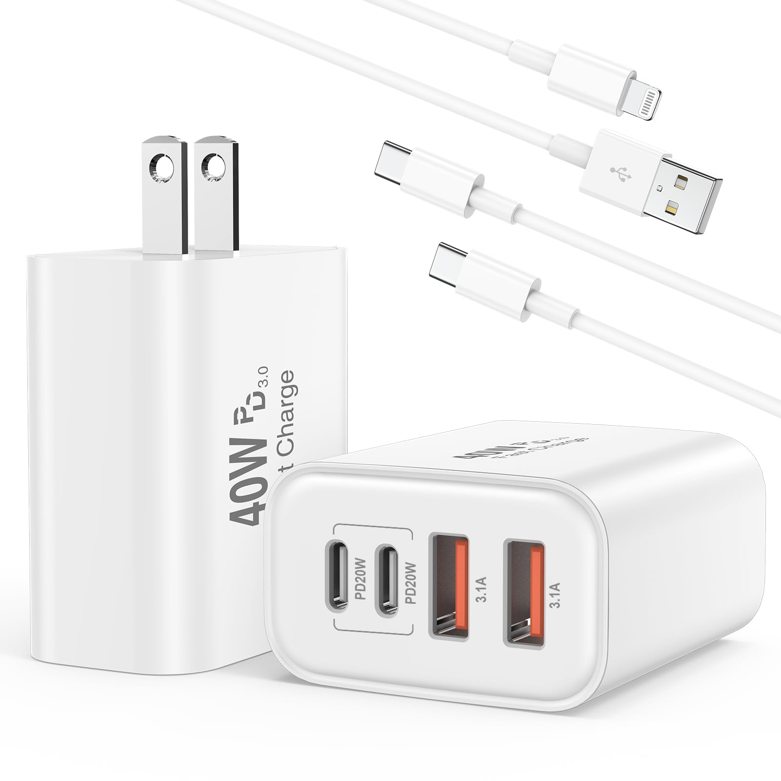 USB C Charger Block,40W 4-Port Fast USB C Wall Charger Brick Power Adapter Multiport Type C Charger Fast Charging Block and 2Pack 6ft C to C,A to Lightning Cable for iPhone 16/15/14/13/12 Pro Max/iPad