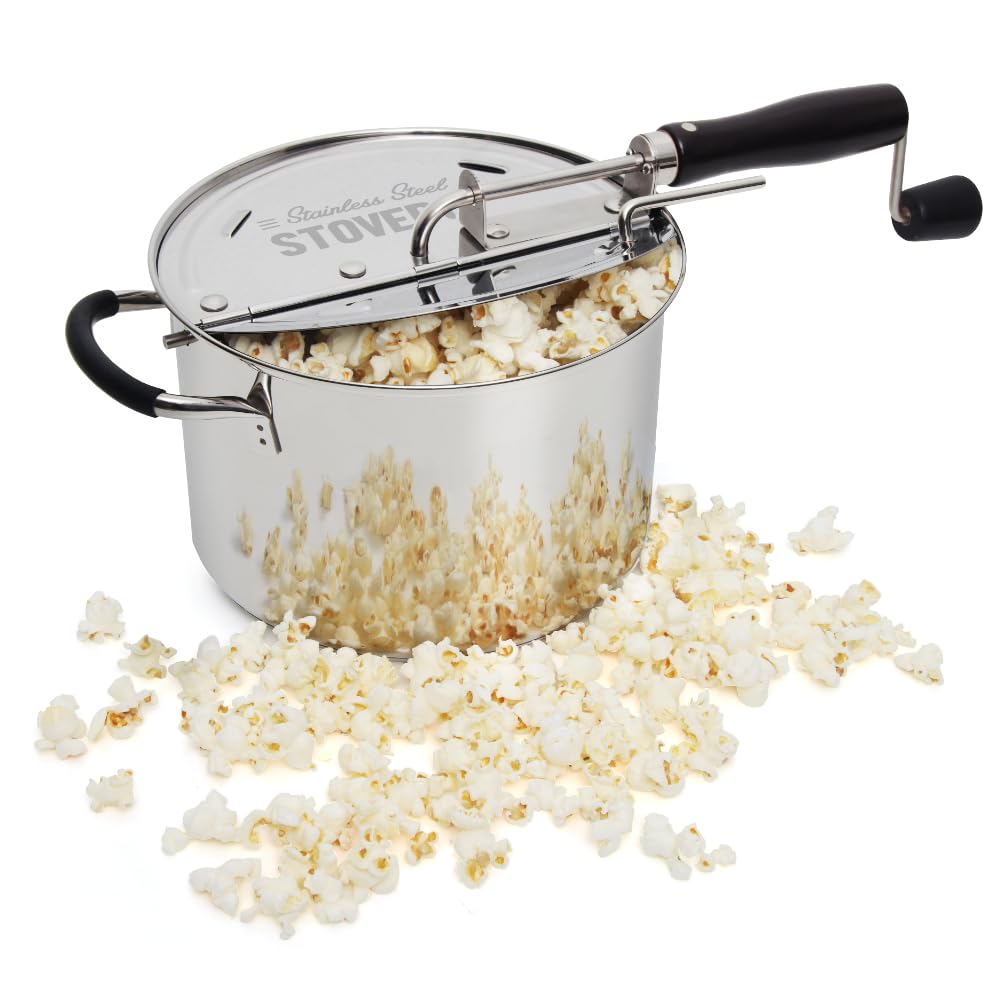 StovePop Stainless Steel Popcorn Popper - Gearless Hand Crank, Magnetic Lid, 6 Qt - Induction Range Compatible