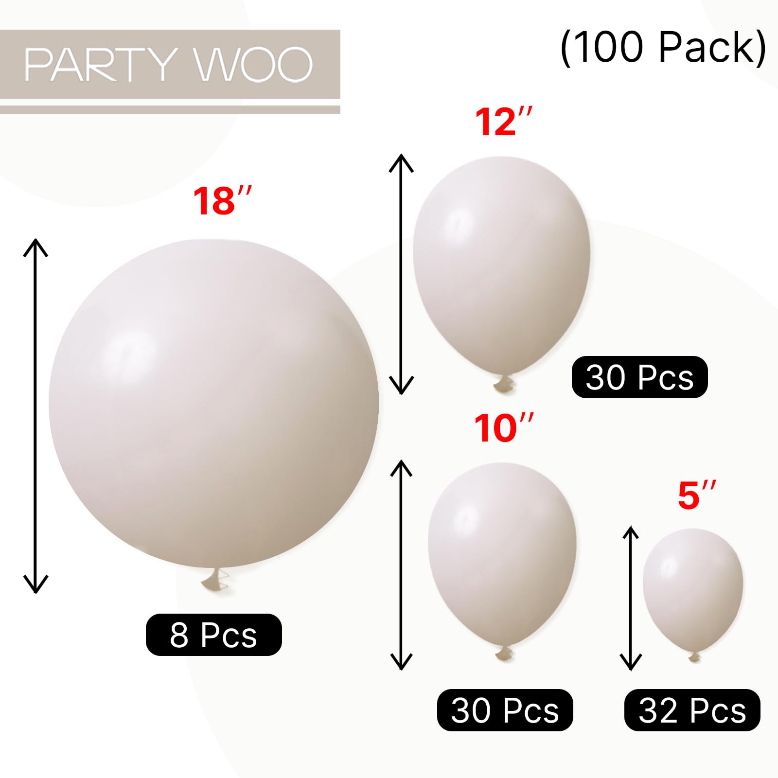 PartyWoo White Sand Balloons 100 pcs Different Sizes Pack of 18 12 10 5 Inch Off White Beige Cream Ivory Balloon Arch Kit Garland for Wedding Bridal Baby Shower Birthday Party Decorations White-F12