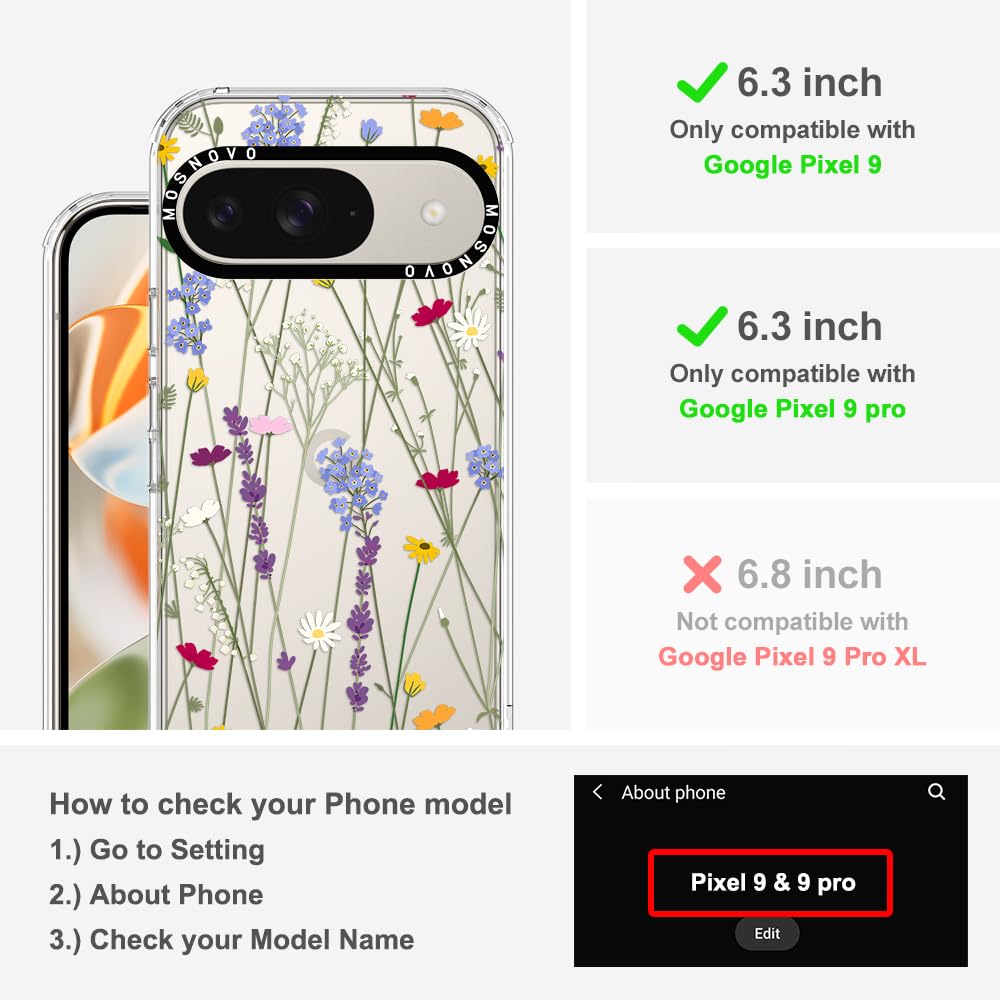 MOSNOVO Case for Google Pixel 9 & Pixel 9 Pro, [Buffertech 6.6ft Military-Grade Drop Protection] [Anti Peel Off Tech] Clear TPU Bumper Phone Case Cover Design - Floral Garden