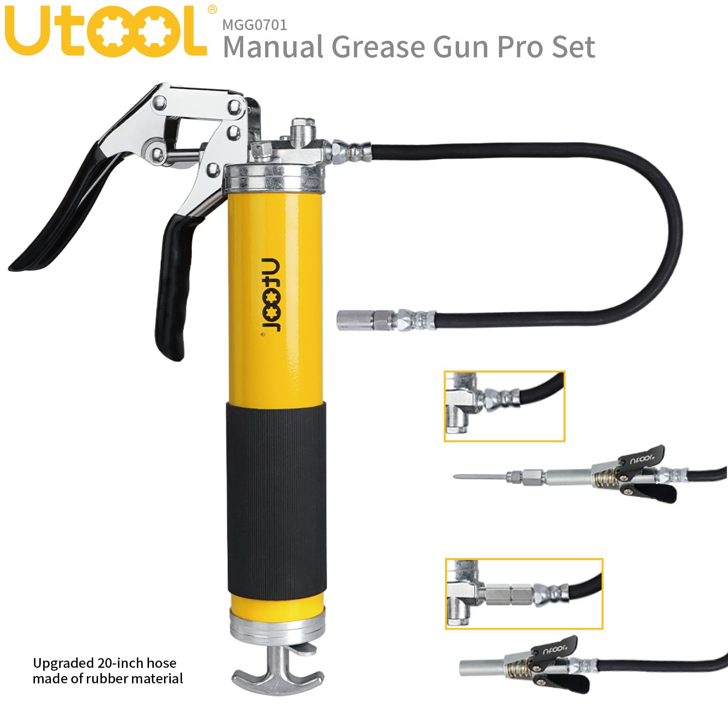 UTOOL Grease Gun, 8000 PSI Heavy Duty Pistol Grip Grease Gun Kit, 14 oz Load, 20 Inch Rubber Flex Hose, 1 Patented Double Handle Coupler, 1 Basic Coupler, 1 Needle Nozzle, 1 Hose Swivel, Yellow