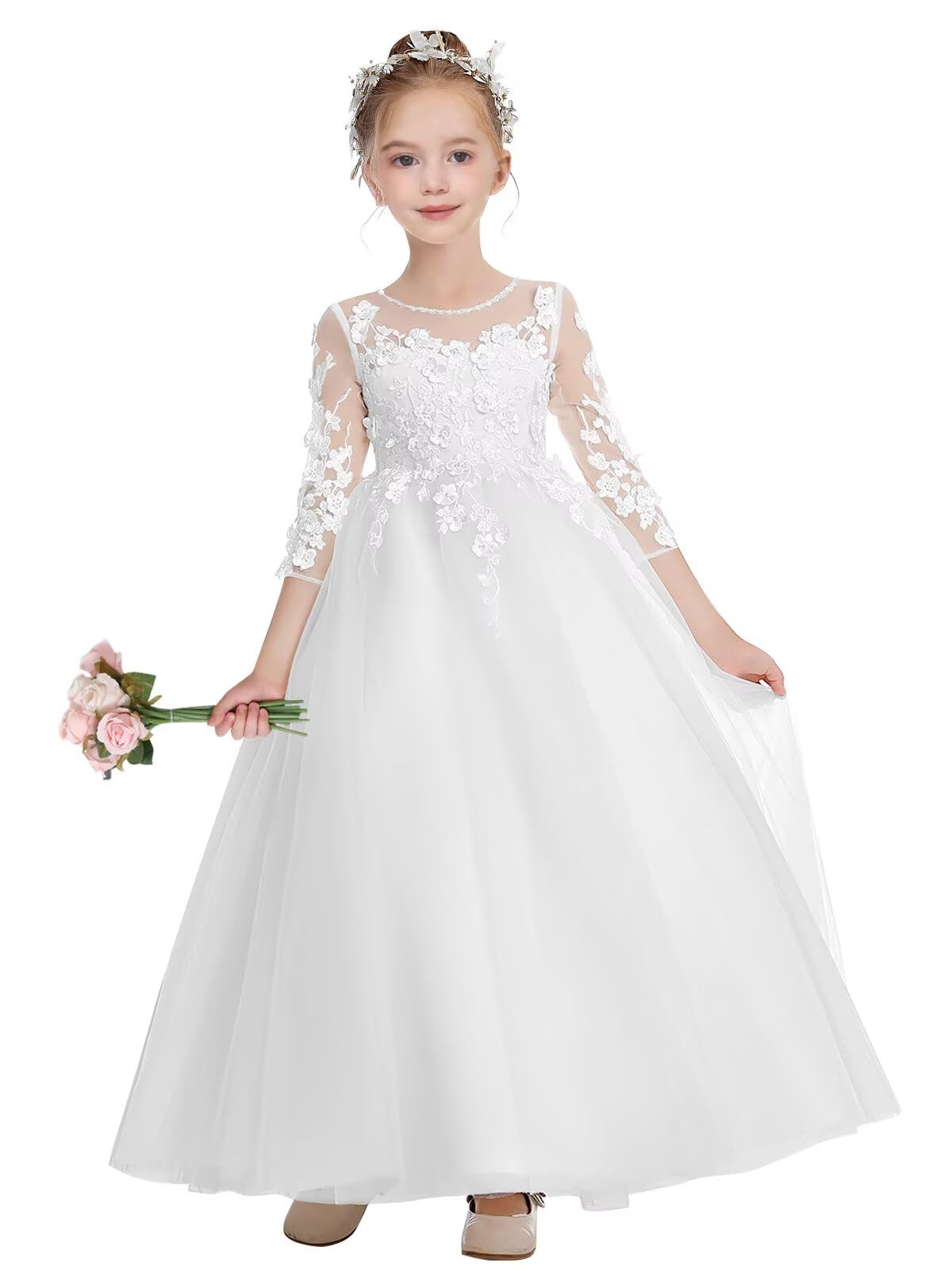 MXODI White Lace Applique Flower Girl Dresses for Wedding Party Gowns A Line Floor Length First Communion Dress with Long Sleeve Puffy Tulle Girla Wedding Dress White Size 2