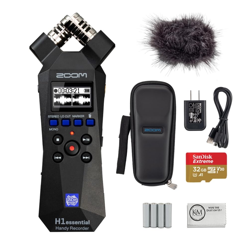 Zoom H1essential 2-Track 32-Bit Float Portable Audio Recorder Bundled with APH-1e Accessory Pack + 32GB Micro-SD Card + AAA Batteries + Cleaning Cloth (5 Items)