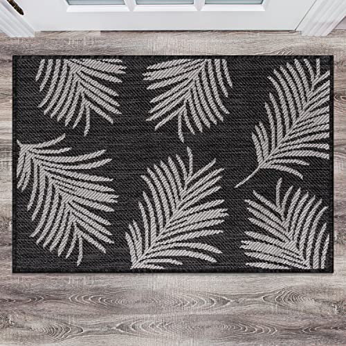 Rugshop Contemporary Palm Leaves Textured Flat Weave Easy Cleaning Outdoor Rugs for Deck,Patio,Backyard Indoor/Outdoor Area Rug 2' x 3' Black