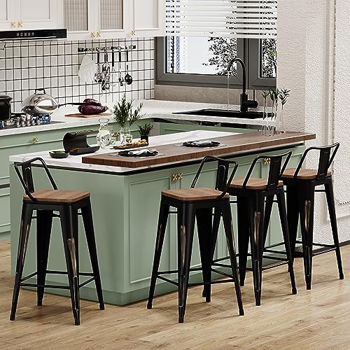 Alunaune 24" Industrial Metal Bar Stools Set of 4 Counter Height Barstools Kitchen Bar Chairs with Modern Wooden Seat, Distressed Gold Black