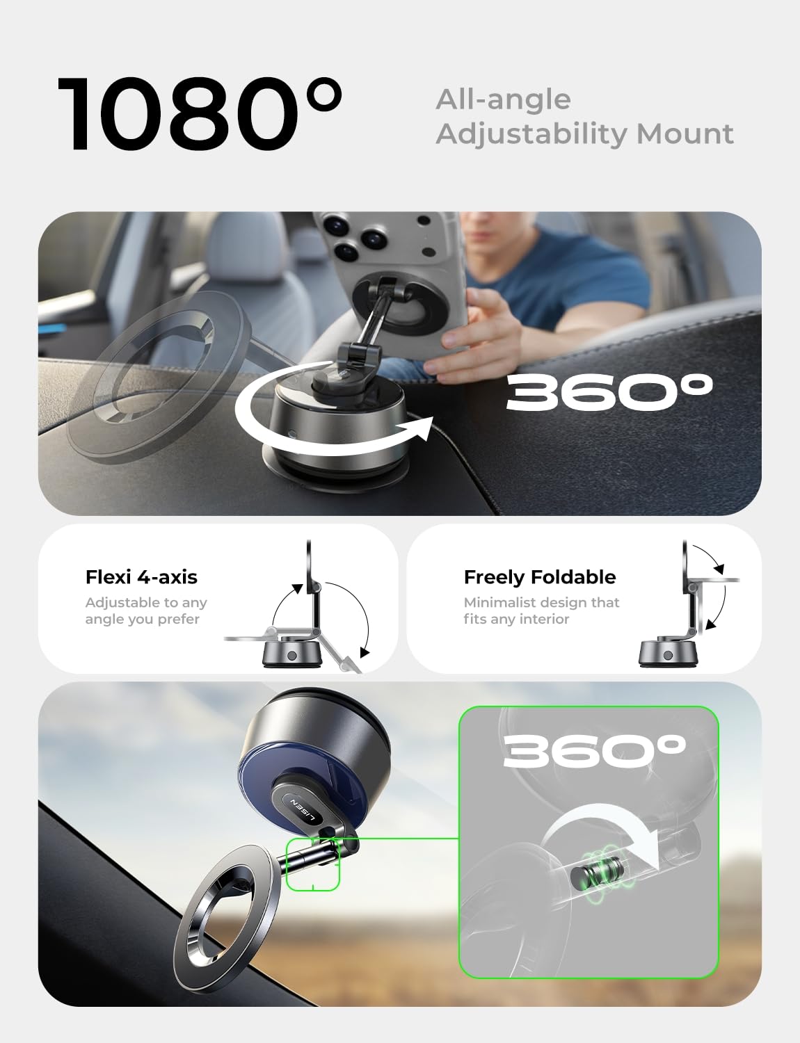 LISEN SuctionPro Phone Holder for Car【Auto Vacuum】Electric Vacuum Magnetic Phone Mount, Suction Cup Phone Mount 360° Adjustable Car Accessories Magsafe Car Mount for iPhone 17 Pro Max Air 16 15 14 13