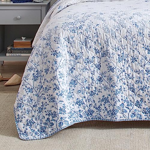 Laura Ashley Home - Twin Quilt Set, Reversible Cotton Bedding with Matching Sham, Pre-Washed Home Decor for Added Softness (Flora Blue, Twin)
