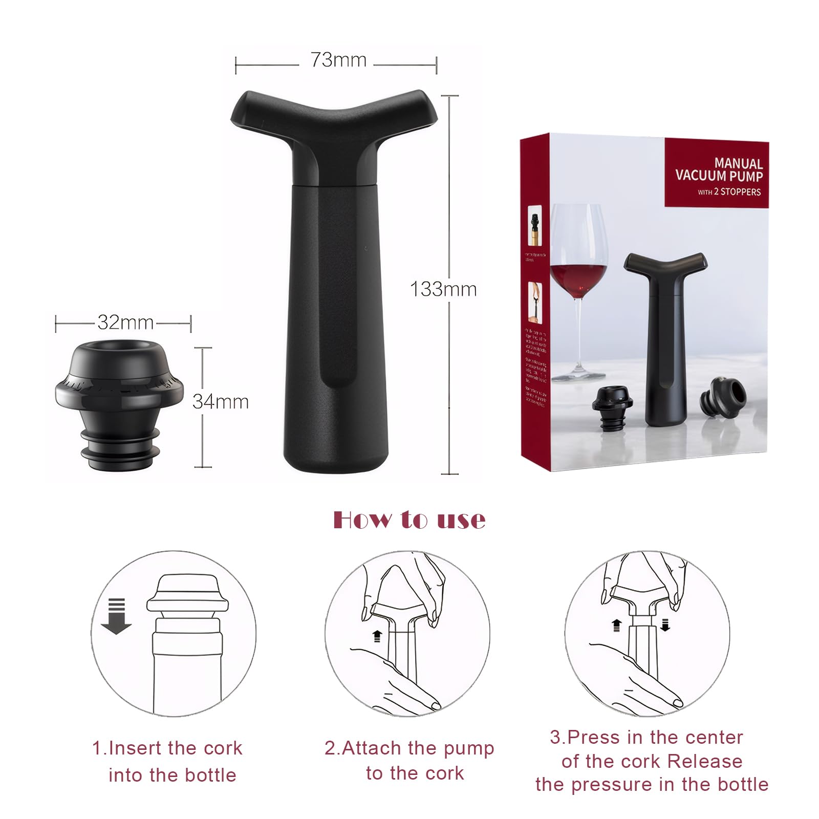 Wine Preserver, Premium Vacuum Wine Saver Pump with 2 Silicone Stoppers, Leak-Proof, Promising Wine Freshness for All Standard Bottles