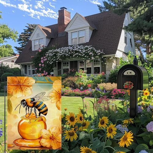 Summer Bee Garden Flag, Welcome Garden Flags, 12x18 Inch Vertical Double Sided Burlap, Flowers Bee Holiday Party Yard Lawn Flag, Outdoor Patio House Decoration