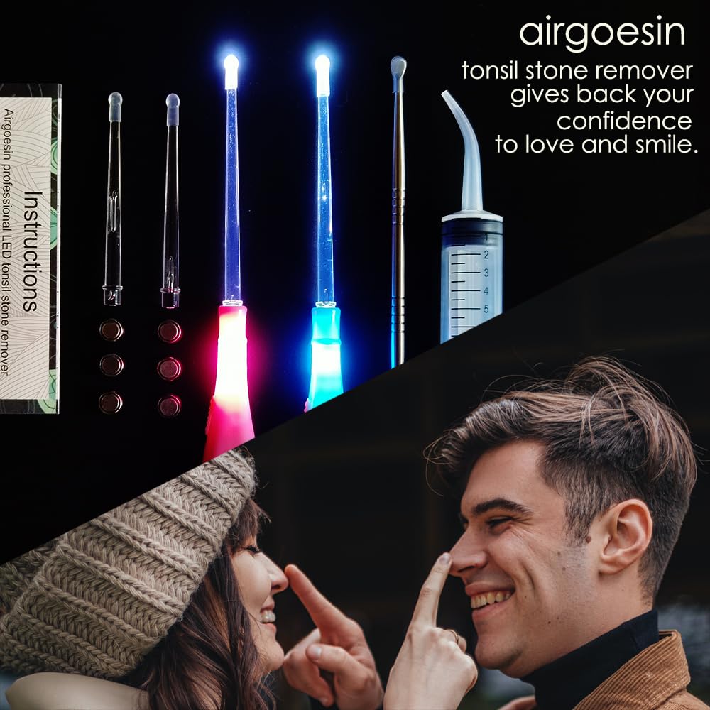 Airgoesin™ 6.75 inch Tonsil Stone Remover LED Tool Kit - 2 Sets, Oral Irrigation Syringe & Stainless Steel Pick, Tonsil Stone Removal Kit for Breath Freshening