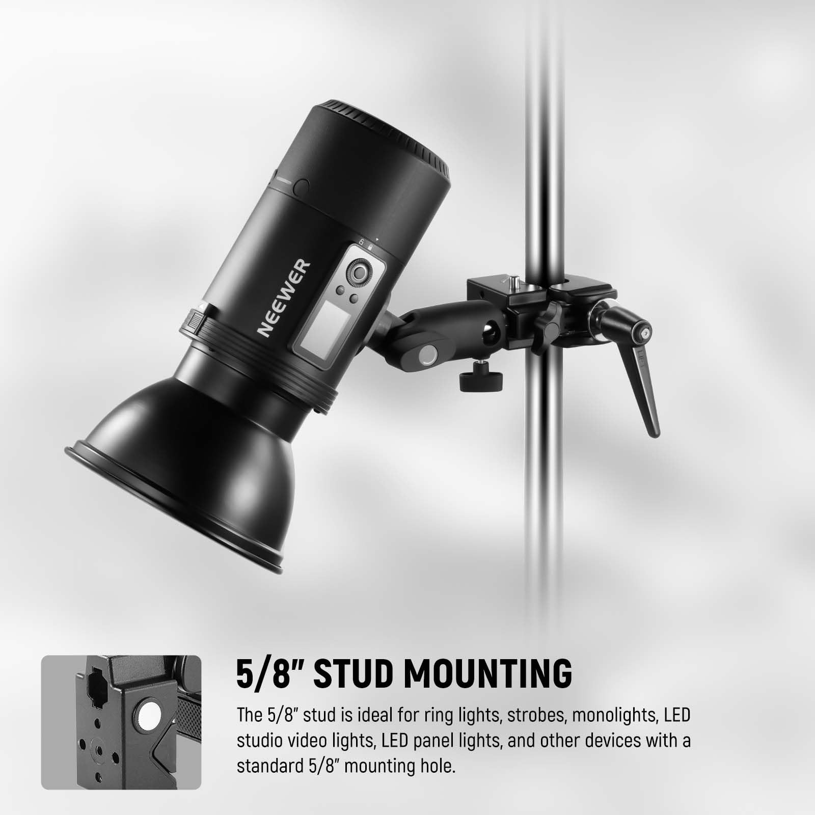 NEEWER Super Clamp with 5/8" Stud, Spring Lock, 2.4" Jaw Grip Heavy Duty Crab Pole Clamp for Round Pipe Flat Surface, for Photography Studio Camera Lighting Mounting, Max Load 33lb/15kg, UA017