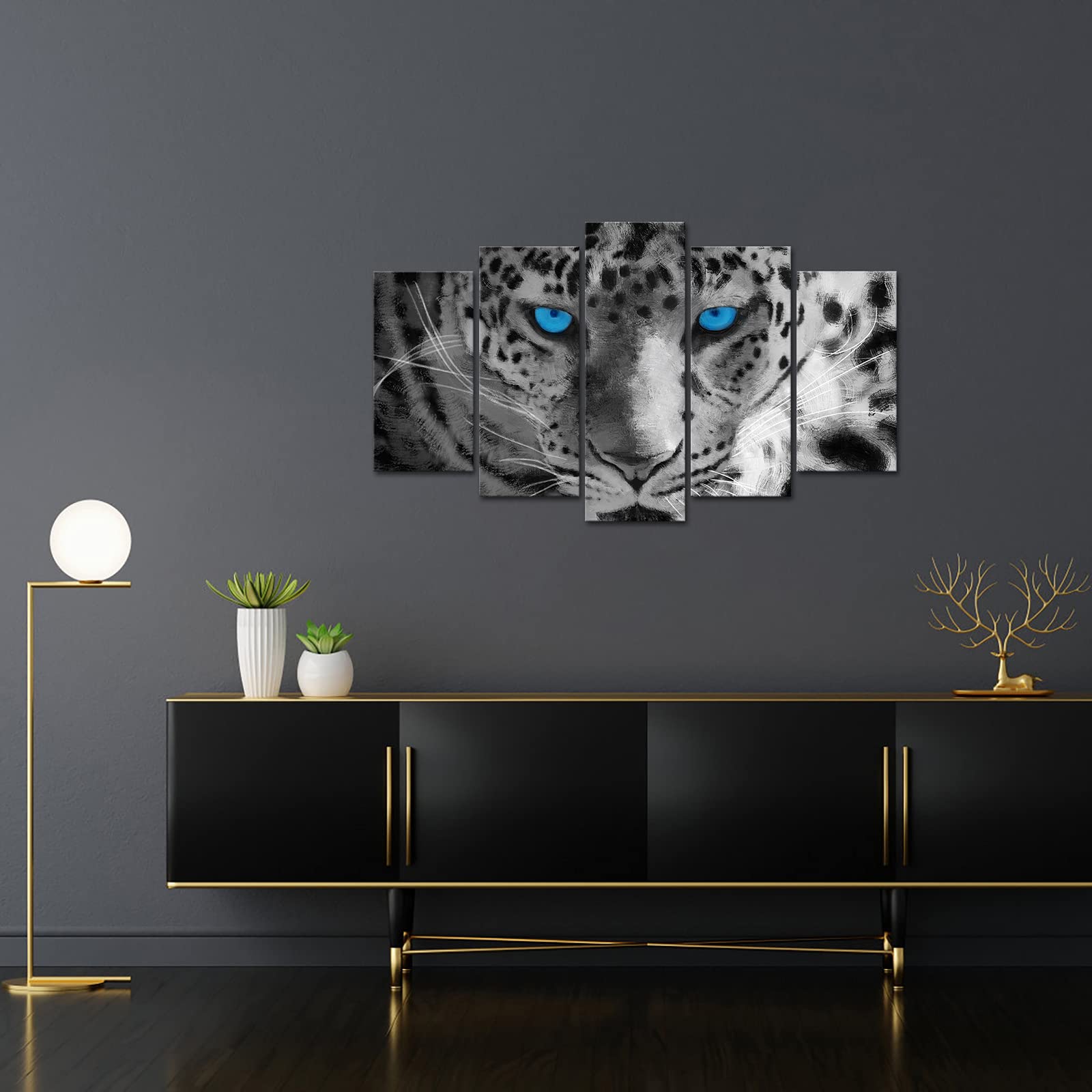 DuoBaorom 5 Piece White Leopard Blue Eyes Picture Canvas Animal Wall Art for Bedroom Living Room Decor
