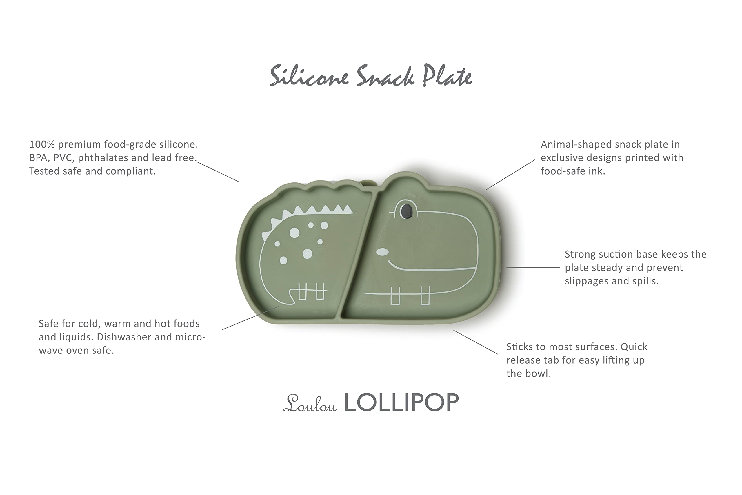 Loulou Lollipop Toddler Silicone Suction Snack Plate, Learning Fork and Spoon Set (Alligator)