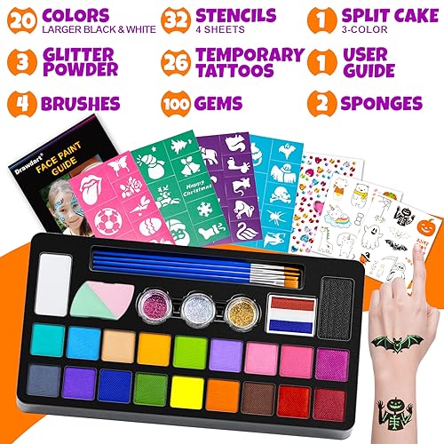 Drawdart Face Painting Kit for Kids - 20 Colors Water Based Non Toxic Face Paint Kit, Professional Face Paint for Kids with Stencils & Brushes - Parties, Birthdays, Halloween Face Body Makeup Kit