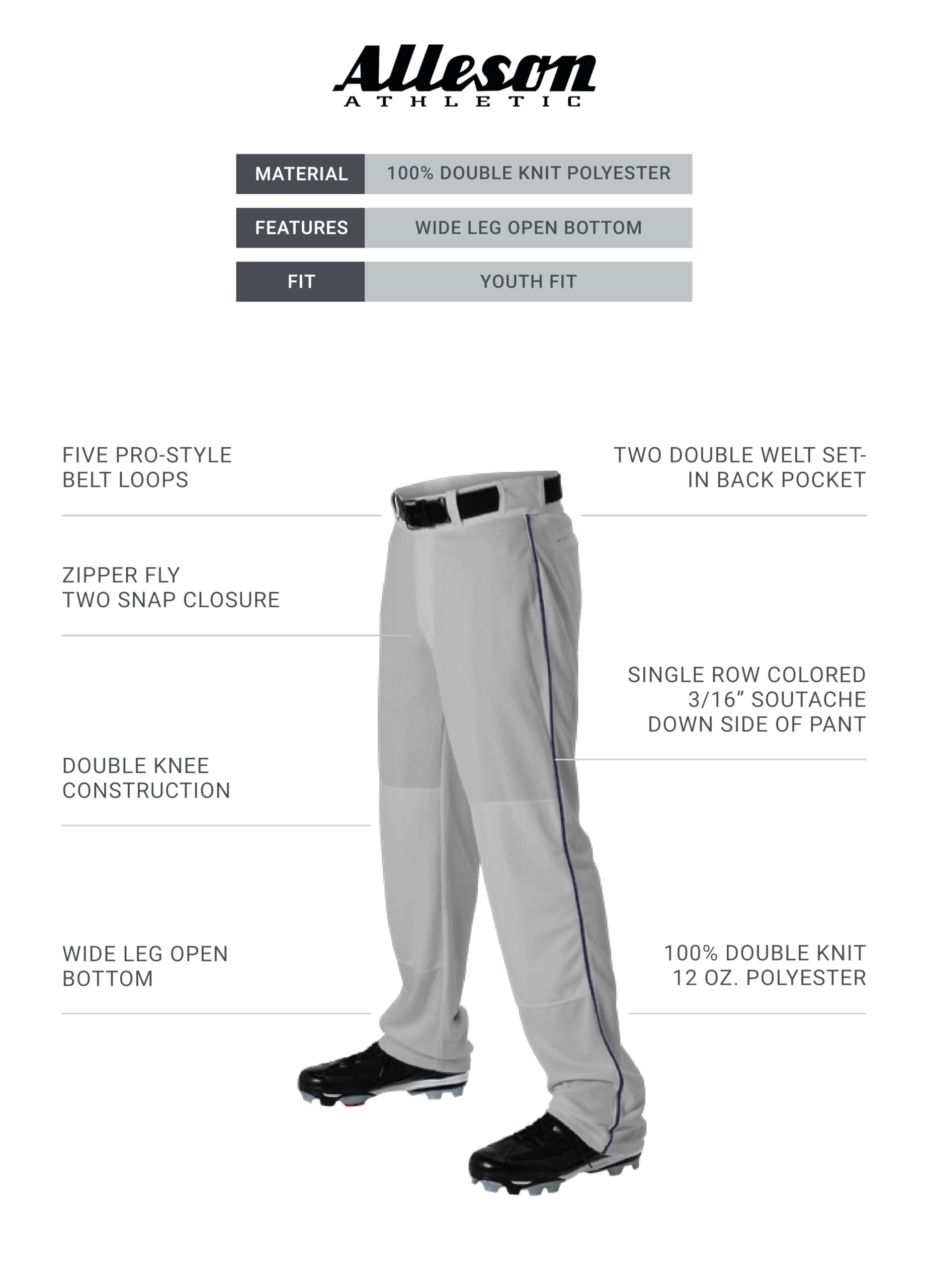 Alleson Athletic Boys Youth Baseball Pants with Braid, Grey/Navy, Medium