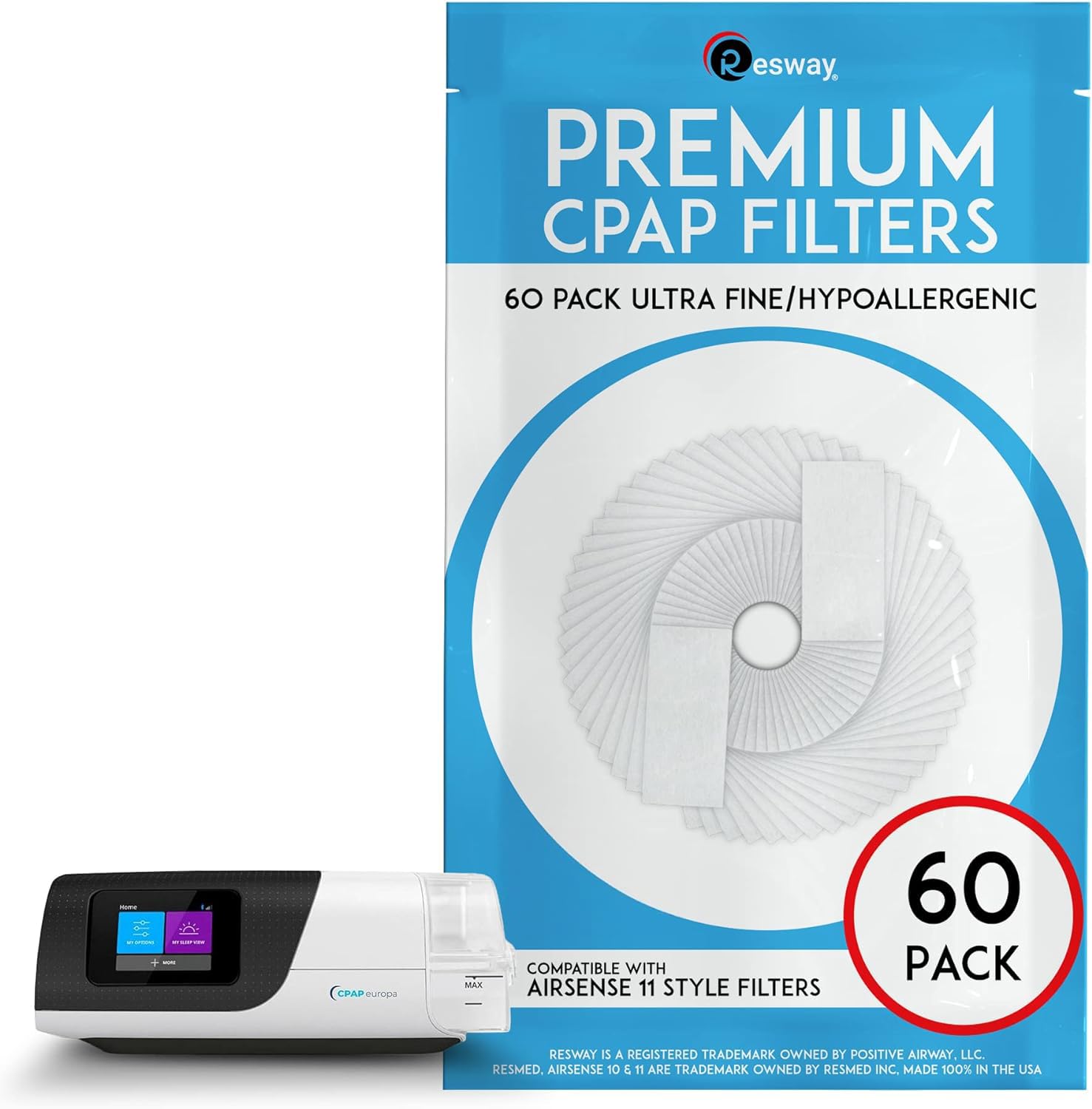 Premium Resway Disposable Hypoallergenic CPAP Filters | Compatible with ResMed Airsense 11 | Ultra Fine Filters for Smoke, Dust, Pollen | 60 Replacement Filters