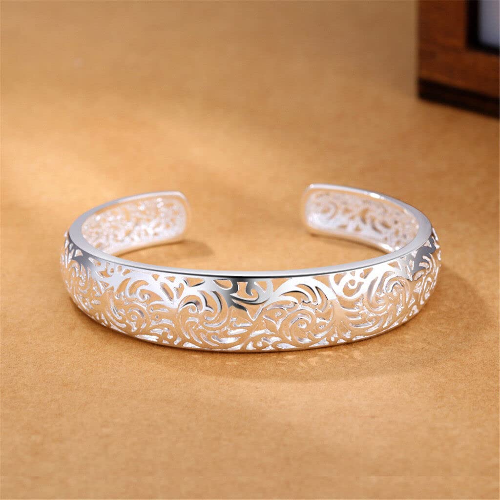 Bracelets, Women's 925 Sterling Silver Bezel Hollow Cuff Bangle Open Bracelet Jewelry Gift Durability and Attraction