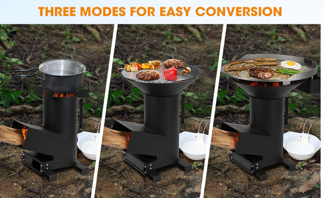 ONLYFIRE OUTDOOR LIVING 3-in-1 Camp Rocket Stove with 14.5" Cooking Grate, 18" Griddle and Cooktop, Portable Wood Burning Camping Stove for Patio Backyard RV Tailgating Trailer Tents Hiking, GS302