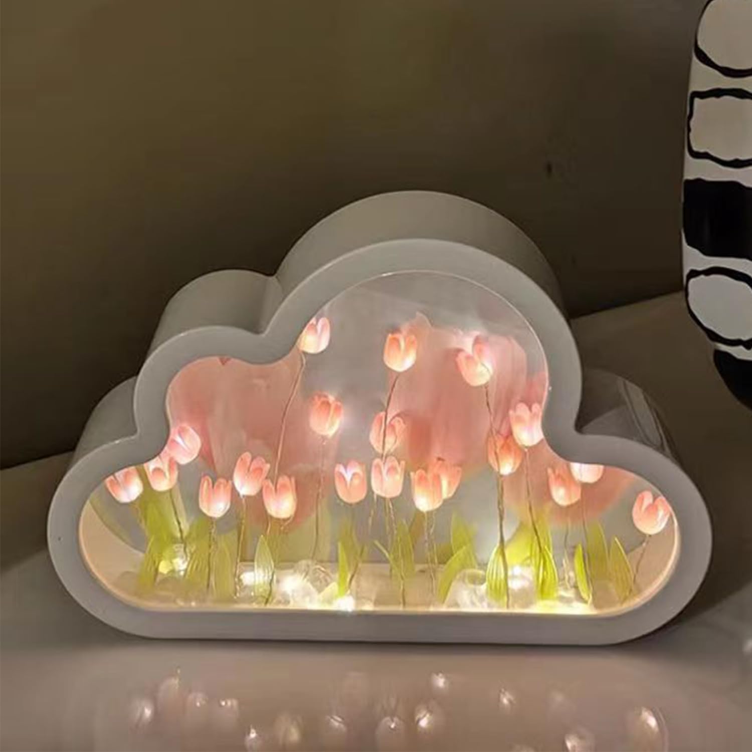 Yckeogln DIY Cloud Tulip Mirror Night Light, Simulation Flower Bedroom Cloud Tulip Table Lamp, Creative Home Decoration, Room Decor for Teen Girls(Pink)