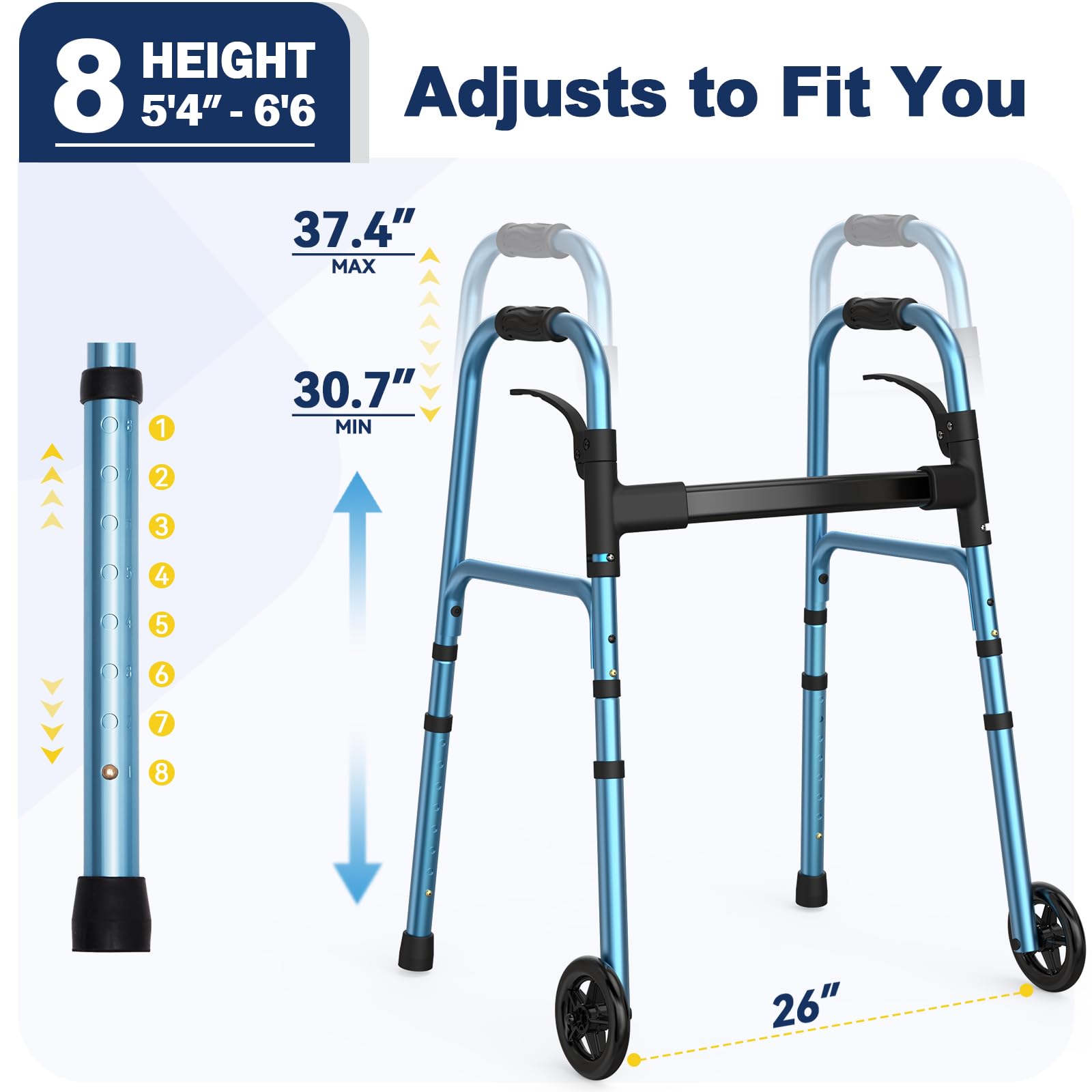 HolyHeal Walkers for Seniors, Folding Walker with Wheels and 2 Skis, Lightweight Rolling Walker Supports Up to 350 Pounds, Adjustable Height, Adult Compact Standard Walkers with Aluminum Frame, Blue