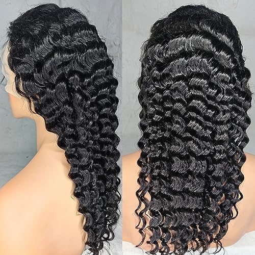 ABSFWIW 18Inch Deep Wave Lace Front Wigs Human Hair-13x4 HD Transparent Deep Wave Frontal Wigs Glueless Curly Wigs for Women 180% Density Curly Lace Front Wigs Human Hair Pre Plucked with Baby Hair