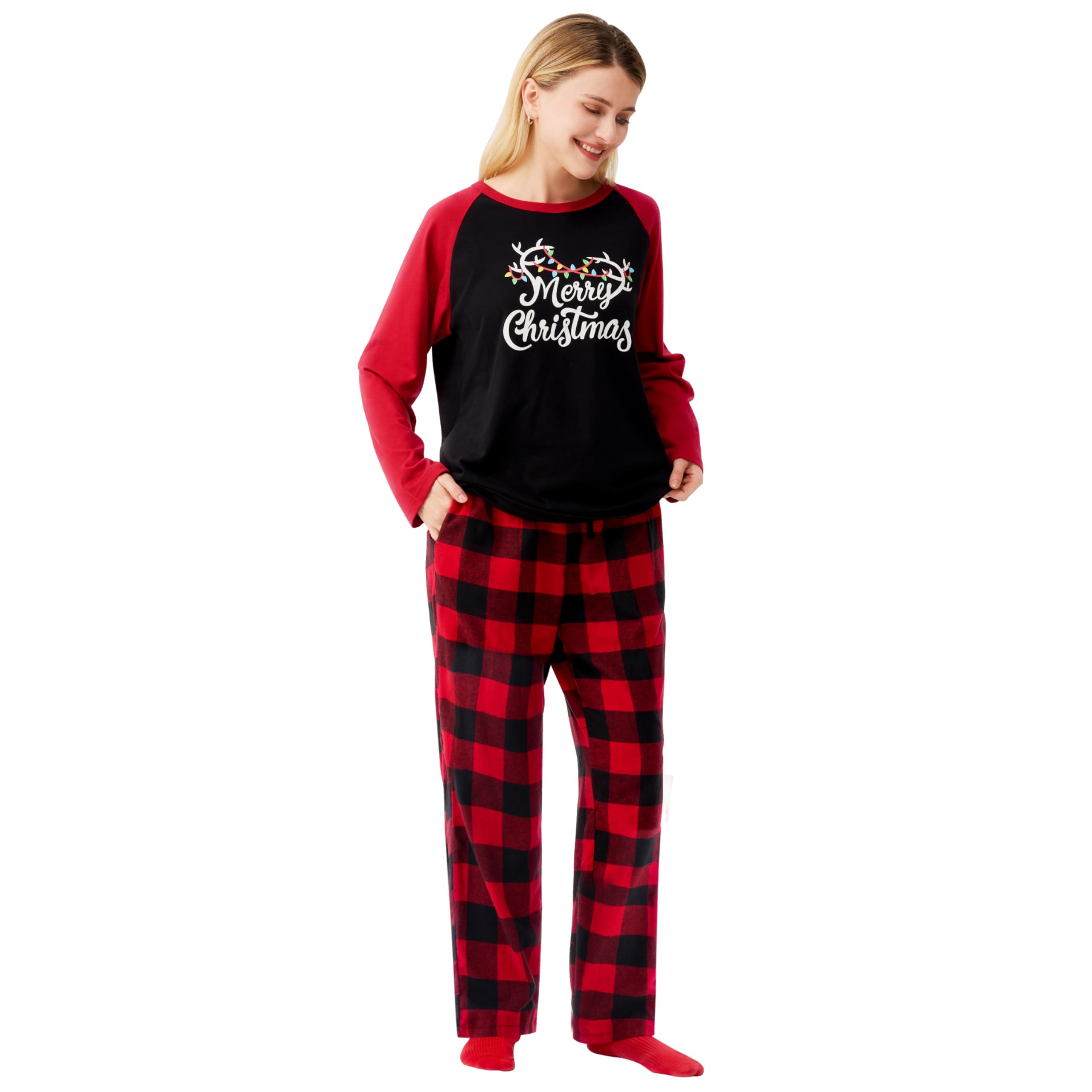 Giggling Getup Red Black Plaid Adult Womens Christmas Pajamas, Christmas Pajamas Women Set with Plaid Pajama Pants and Top, for Holiday Pajamas Party-L