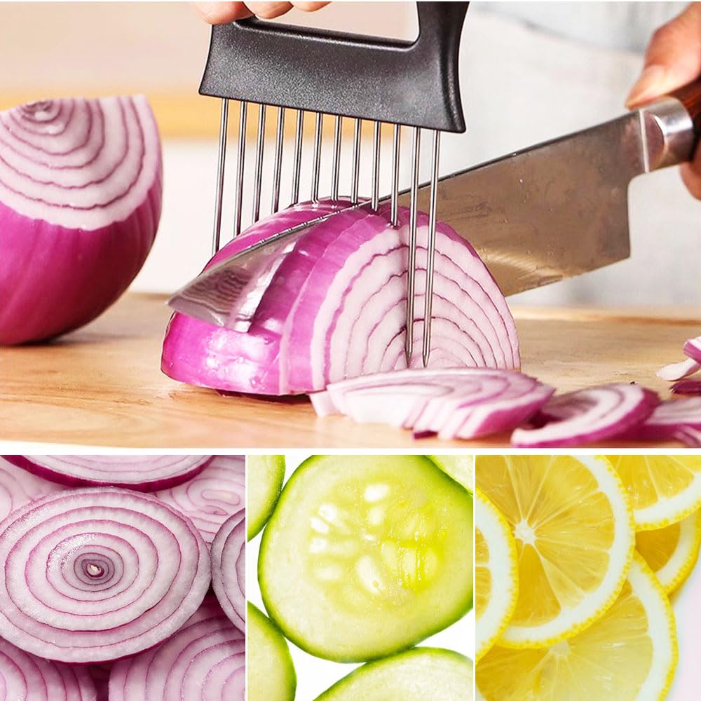 2024 New Stainless Steel Onion Slice Holder, Multifunctional Onion Slicer Chopper Vegetable Cutter, Premium Avocados Lemon Potato Tomato Carrots and Other Vegetable Fixing Slicer (1)