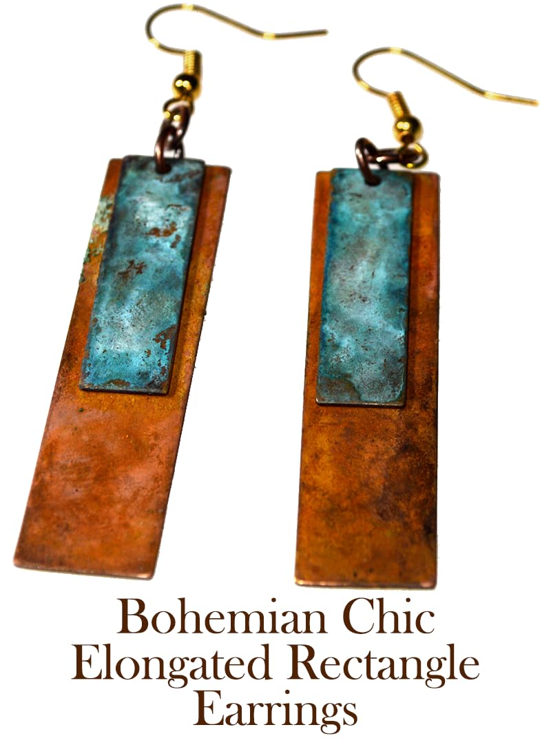 Elaine Coyne Verdigris and Earth Patina Bohemian Chic Elongated Rectangle Earrings