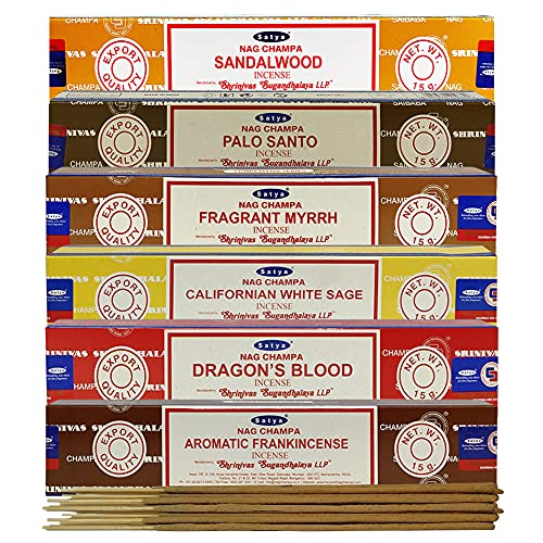 Satya Incense Sticks Variety Pack #10 and Holder Bundle with 6 Classic Fragrances Sandalwood Dragon's Blood Palo Santo White Sage