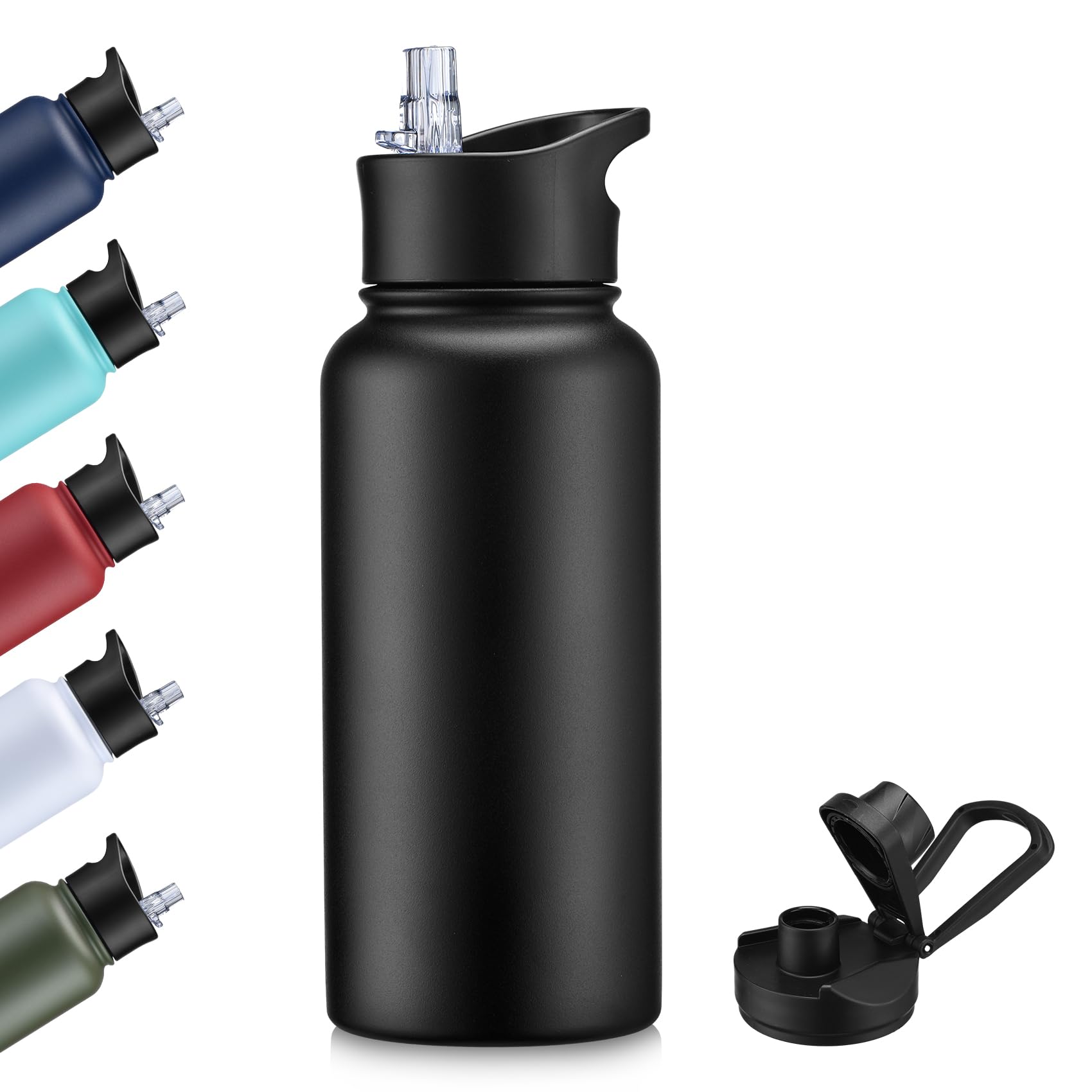 Cool Yoleb 32 Oz Insulated Stainless Steel Water Bottle with Straw and Spout Lid Leak Proof Double Wall Vacuum Sports Water Bottles for Gym Camping Hiking, Black