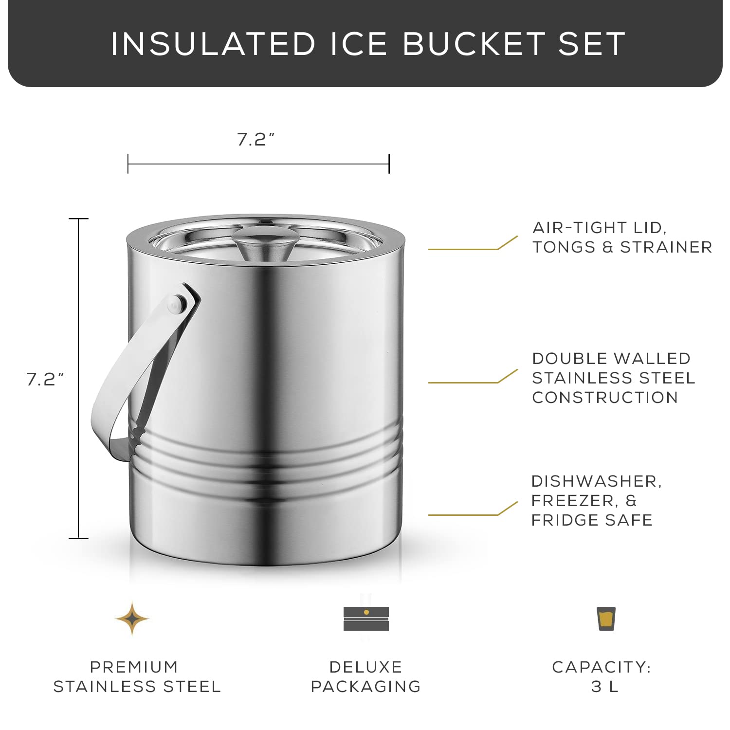 JoyJolt Metal Double Wall Ice Bucket with Lid, Ice Tongs and Strainer. 3L Insulated Ice Bucket for Cocktail Bar, Wine, Home Bar Accessories, Parties, Champagne Bucket. Stainless Steel Ice Buckets