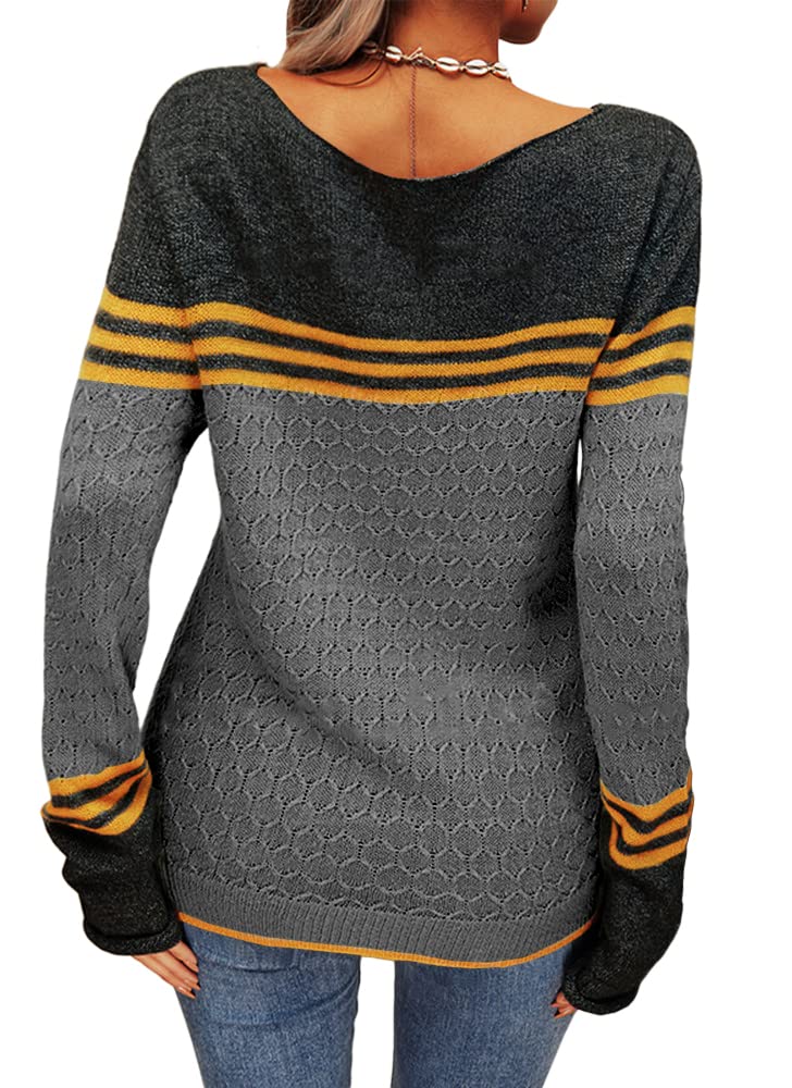 Danedvi Women Autumn Winter Colorblock Pullover Sweaters Round Neck Striped Slim Fitting Knitwear Tops Black