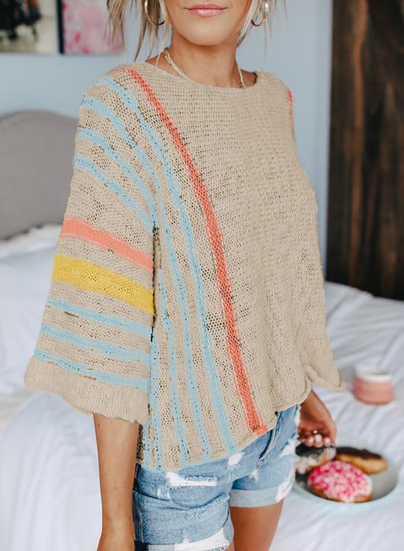 Dokotoo Fall Boho Tops for Women Trendy Crewneck Bell Sleeve Striped Color Block Oversized Casual Sweaters Knit Cute Dolman Sleeve Tops Purple Medium