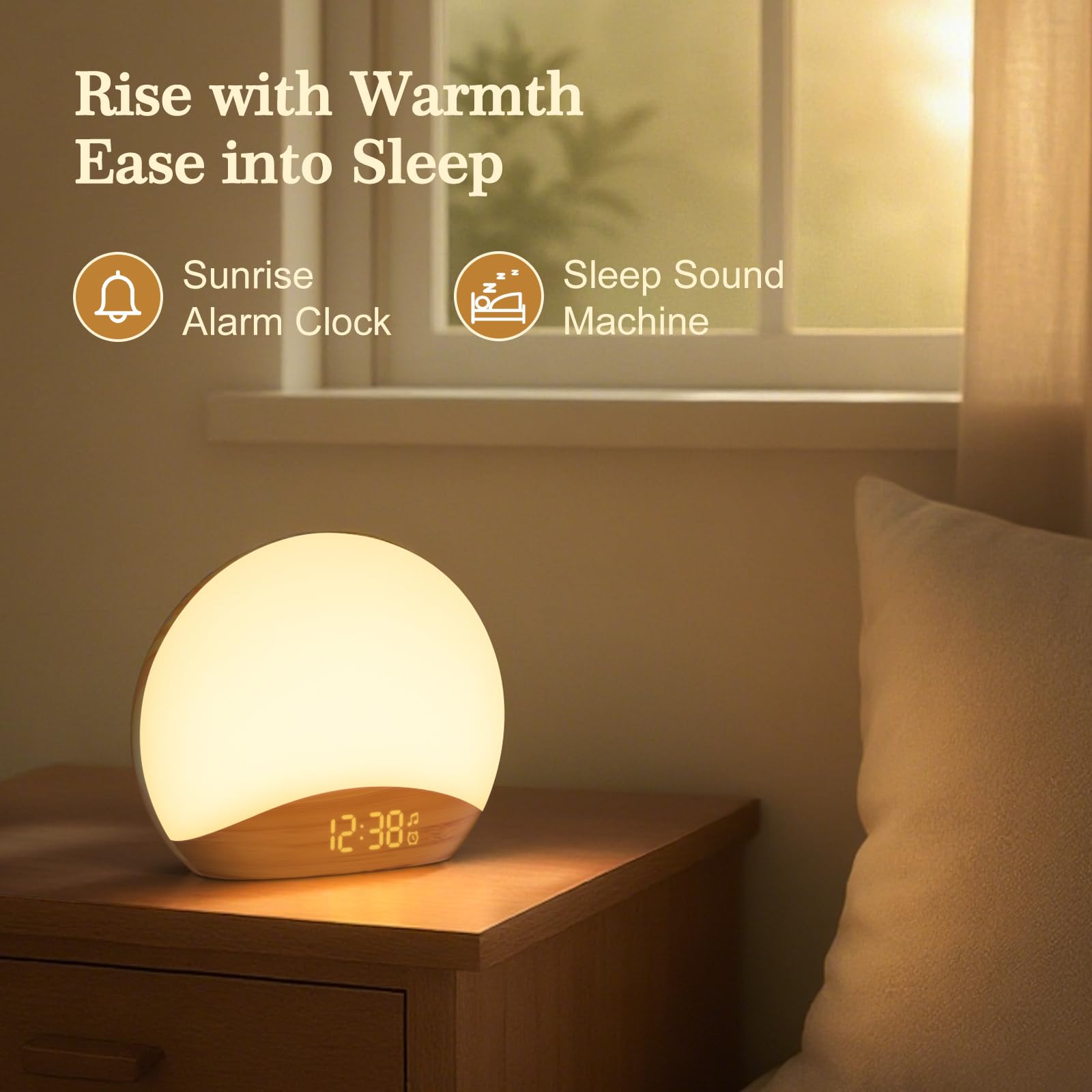 REACHER Wood Grain Sunrise Alarm Clock and Sound Machine Nightlight, Digital Dimmable Clock for Bedroom, 26 Sleep Sounds, White Noise Machine for Baby, Adults, Wake Up Light Alarm Clock for Kids
