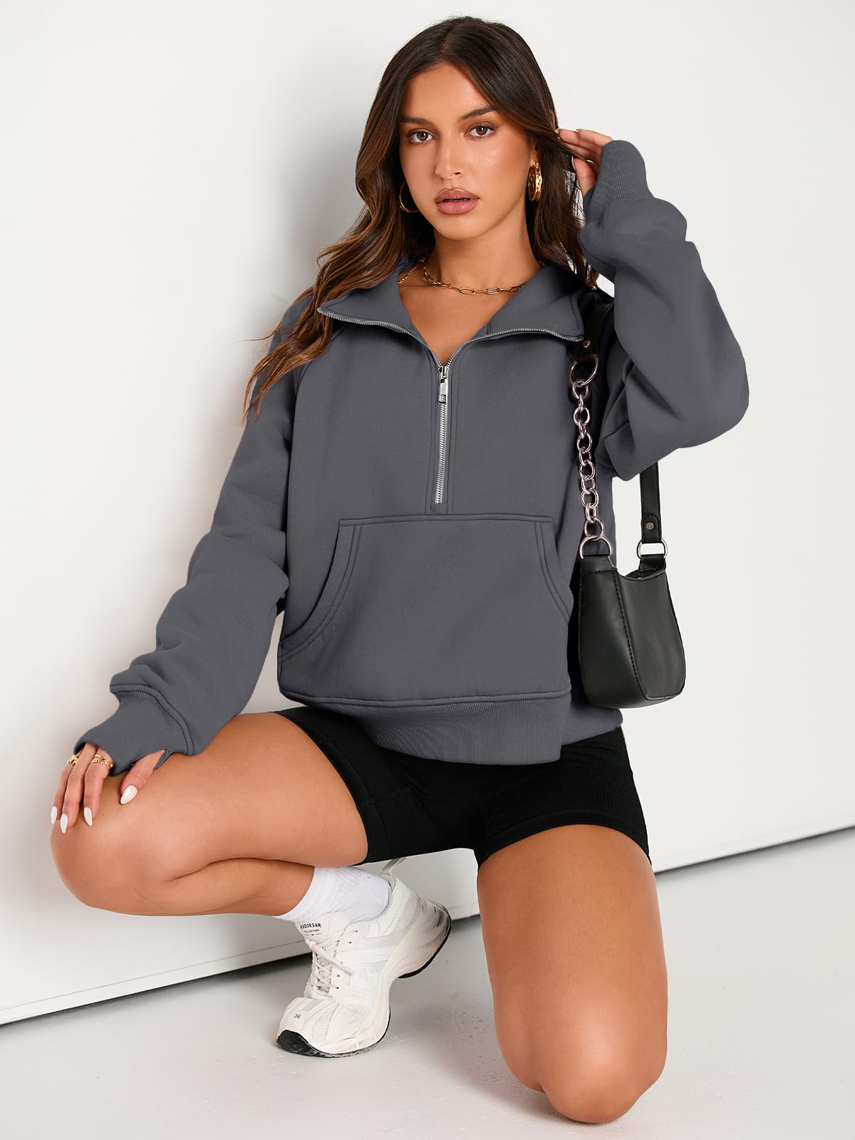 AUTOMET Womens Sweatshirts Half Zip Cropped Pullover Fleece Quarter Zipper Hoodies 2024 Fall Fashion Outfits Clothes DarkDrey Small