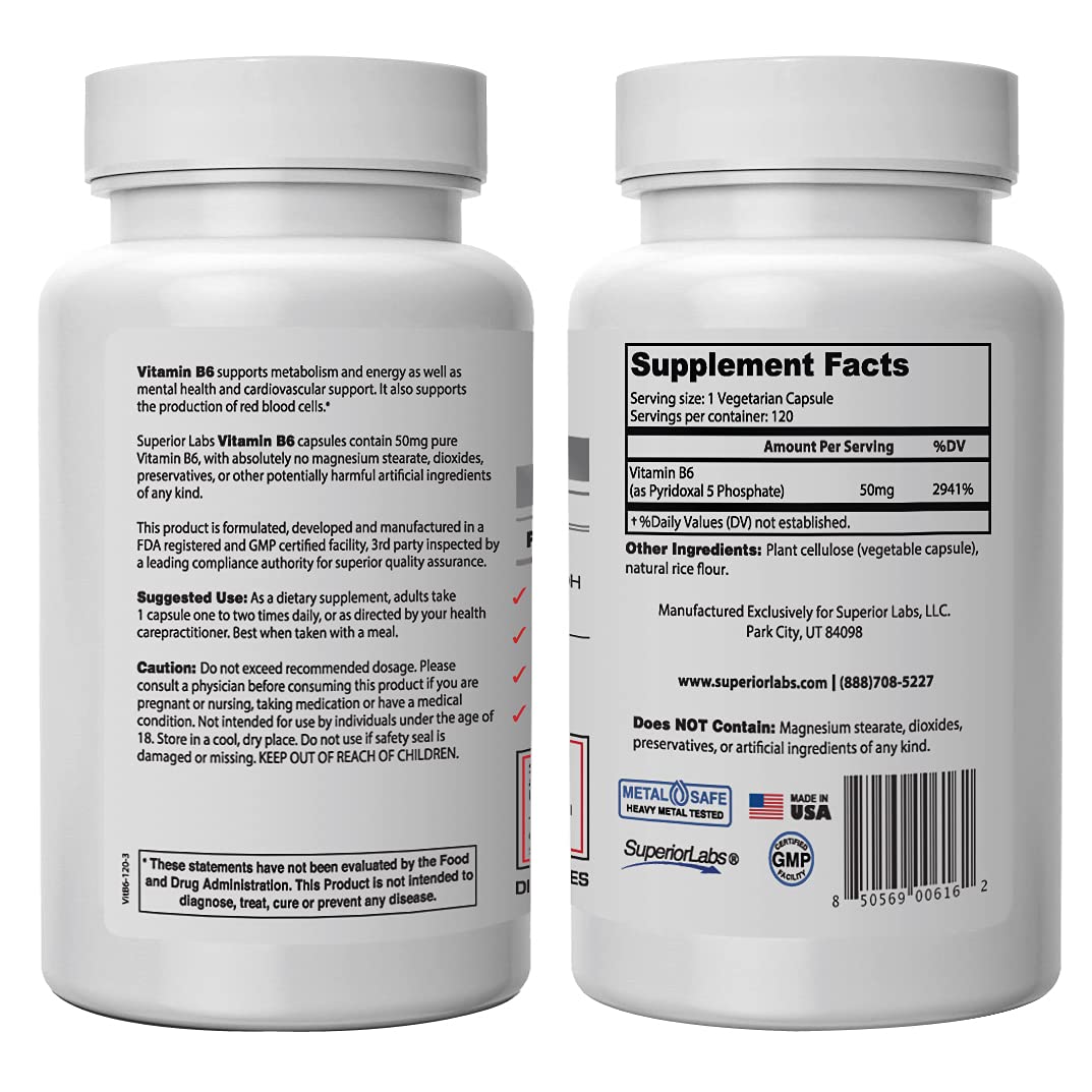 Superior Labs — Best Vitamin B6 Dietary Supplement — 50 mg Dosage,120 Vegetable Capsules —Supports Immune System Health — Healthy Brain Function — Cardiovascular Health Support